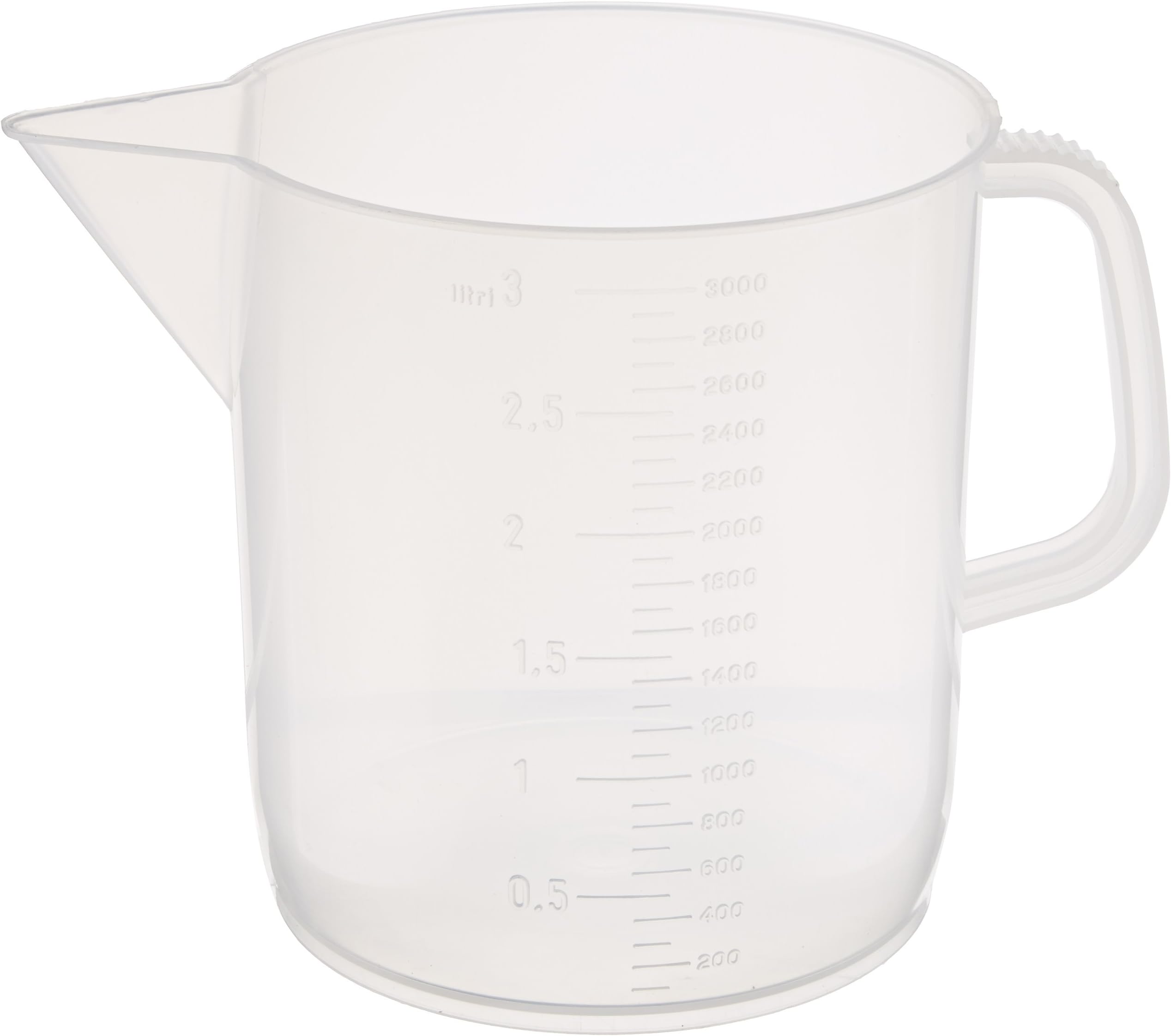 601159-1 Polypropylene Short Form Beaker with Handle, Molded Graduations, 3000mL Capacity, Each