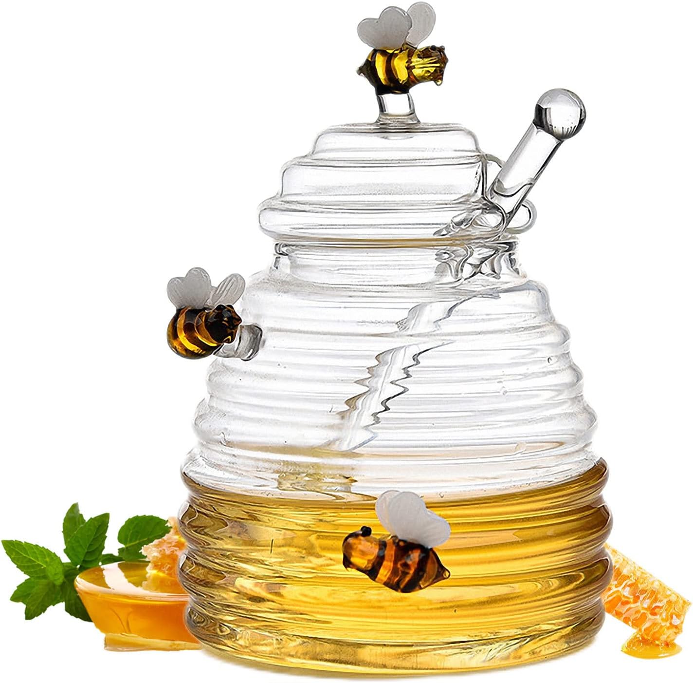 Pot à Miel En Verre 500 Ml Avec Couvercle En Bois Et Cuillère – Forme Ruche, étanche – Pour Miel, Sirop, Décoration Cuisine