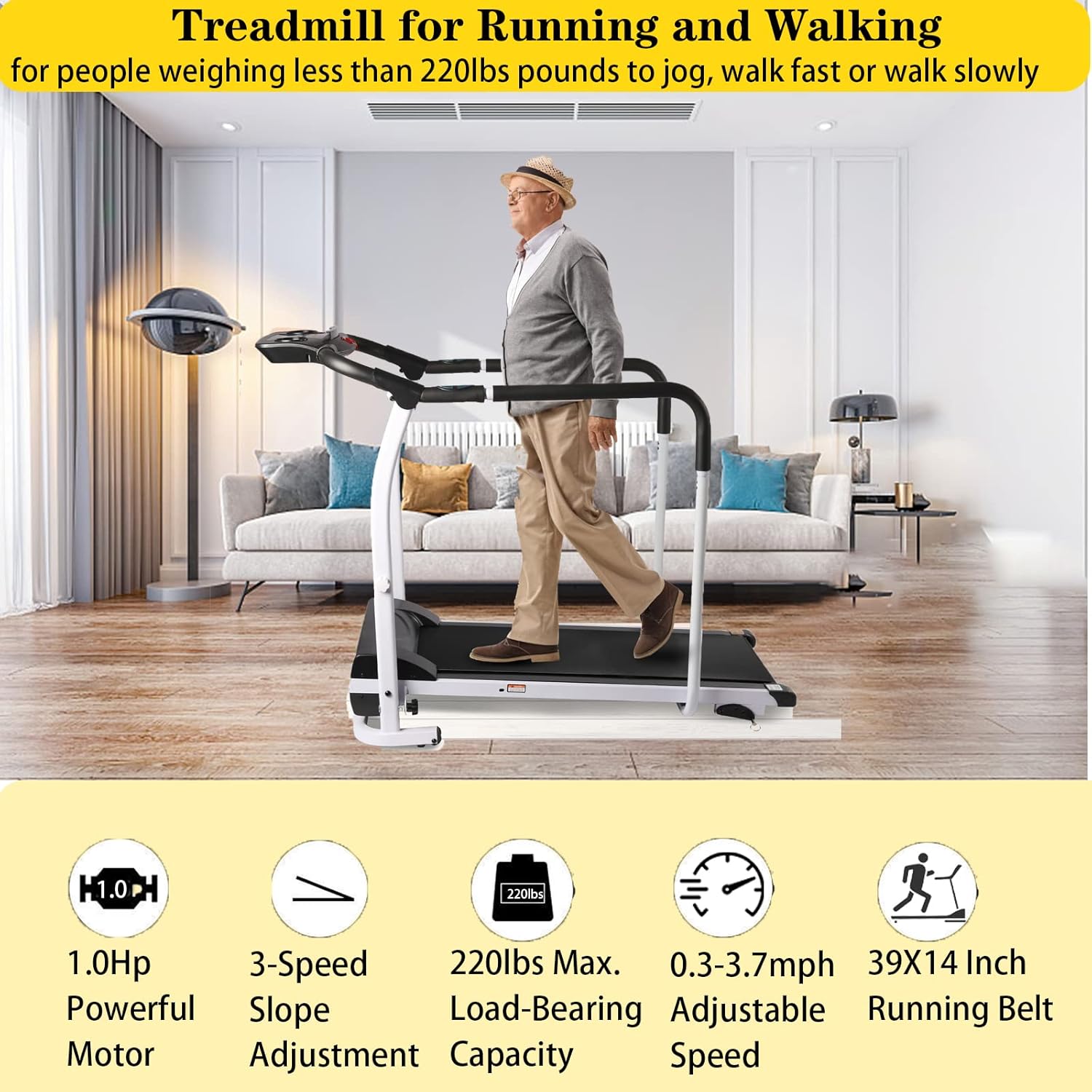 Treadmill, Folding Treadmill, Motorized Treadmill, Walking Treadmill with Long Handraill for Balance, Recovery Fitness Walking Treadmill, with LCD Display, Holder for Phone & Cup, 220 lbs Capacity