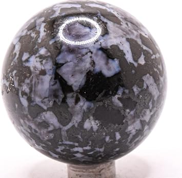 2.1" 240g Indigo Gabbro Blizzard Stone Mystic Merlinite Carved Sphere Polished Natural Gemstone Crystal Mineral Collectible Ball - Madagascar + Stand
