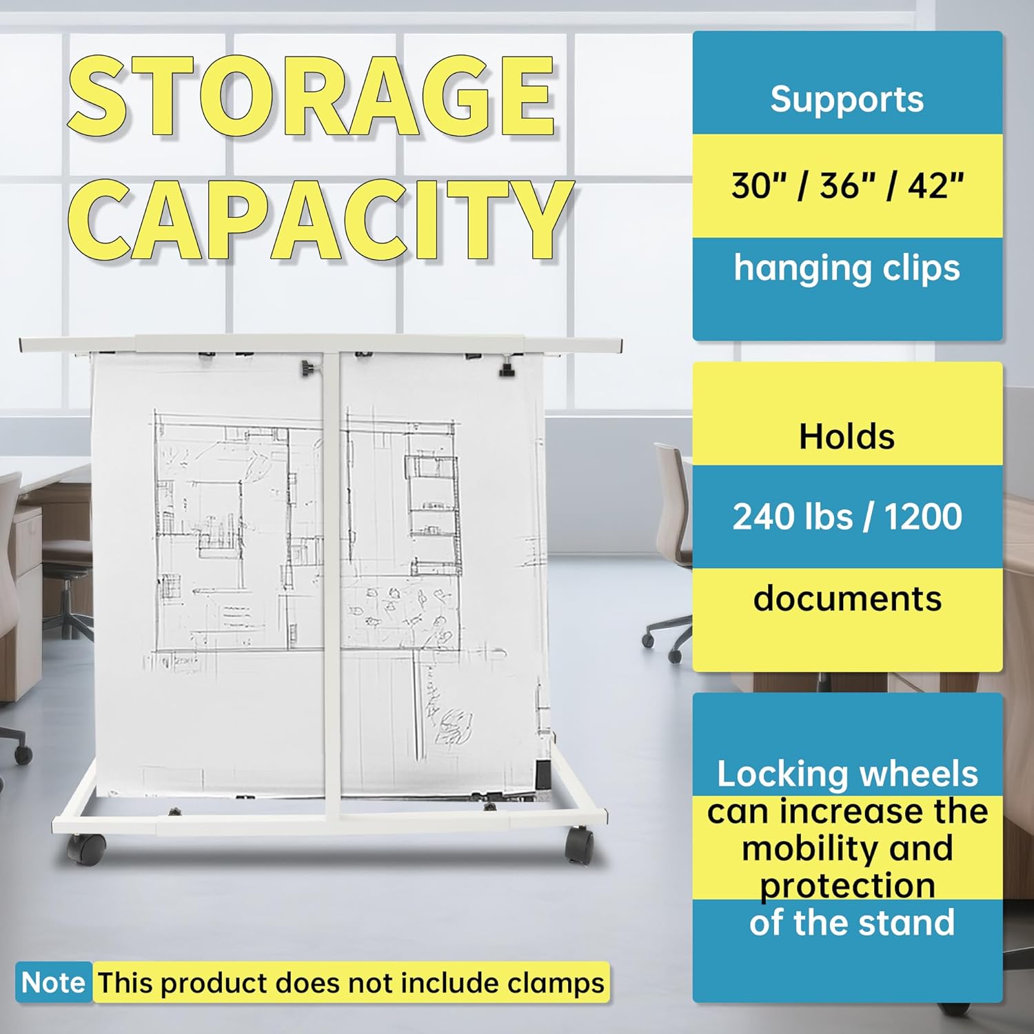 HECASA Heavy-Duty Blueprint Holder Stand for 30"/36"/42" Documents, Adjustable Mobile Rack with Locking Wheels, Organizes Architectural Drawings, Maps, Posters for Office, Construction Site & Workshop