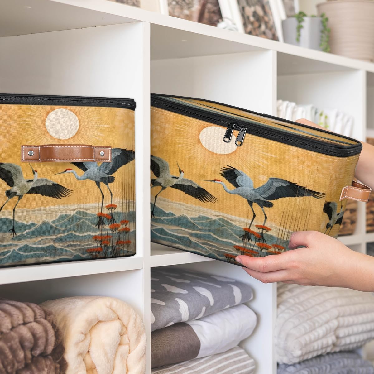 Storage Bin Set of 2 Chinese Crane Storage Basket with Zipper Lid & Handle Foldable Closet Shelf 2 Pack Cloth Organizer Basket Cube Bins Clothes Organizer for Nursery, Bedroom
