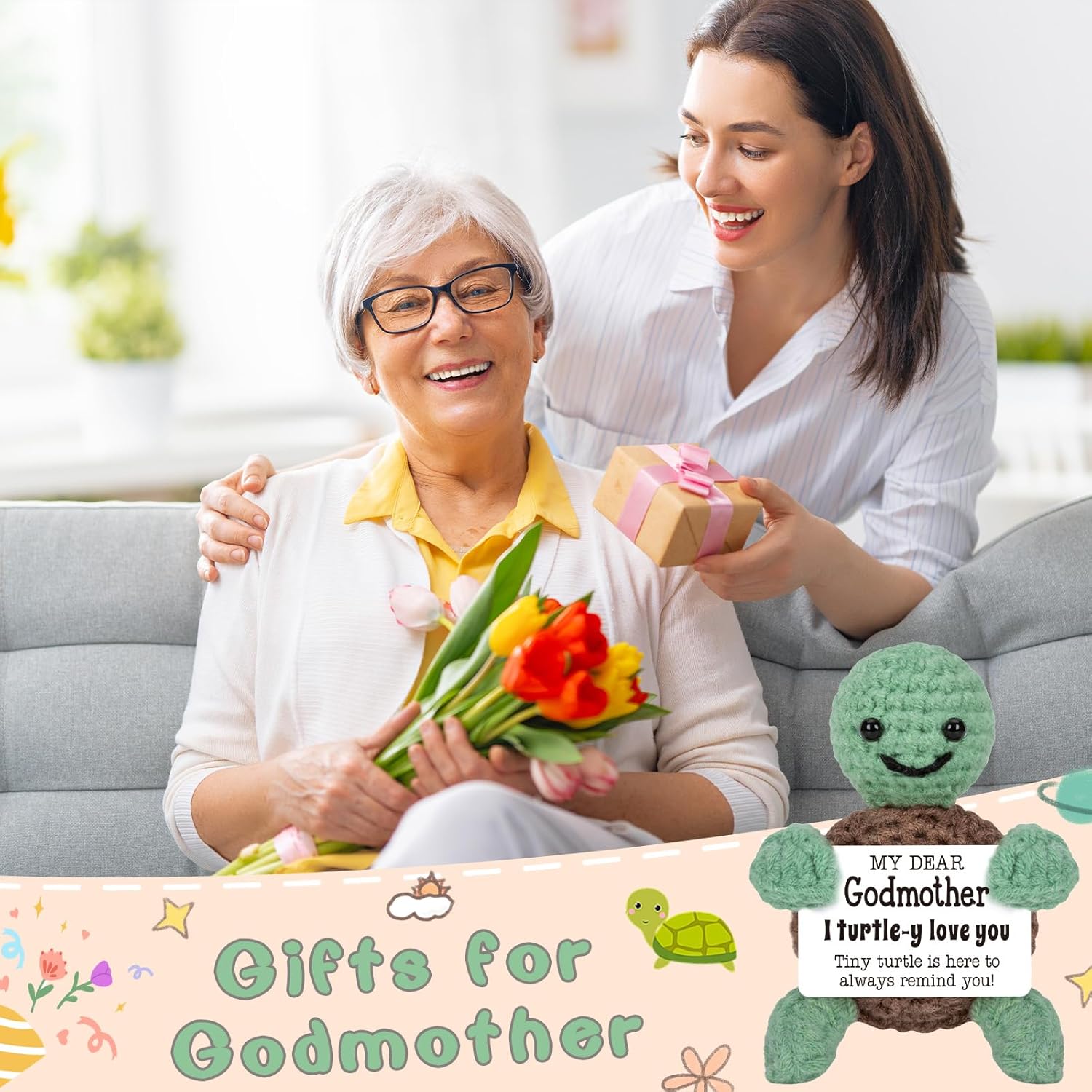 Mini Funny Turtle Godmother Gifts from Godchild, Valentines Day Birthday Gifts for Godmother from Goddaughter Godson, I Love You Small Cute Stuff Things, Handmade Emotional Positive Crochet Turtle - Image 4