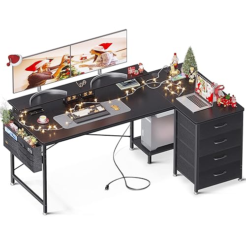 KKL 63 inch L Shaped Computer Desk with USB Charging Port & Power Outlet, L-Shaped Corner Desk with 4 Tier Drawer & Monitor Shelf for Home Office Workstation, Modern Style Writing Table, Black