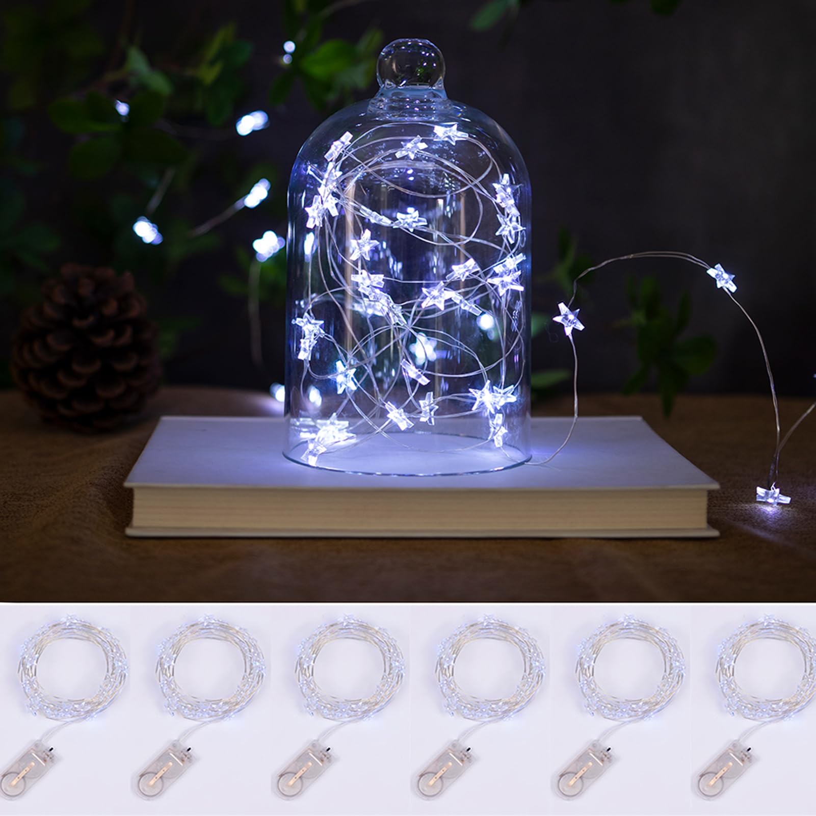 ZELUXDOT 6 Packs 6.6ft 20 LEDs Star Fairy Lights Battery Operated,Mini Star String Lights,Waterproof Twinkle Starry Light for DIY Bottle Table Christmas Ramadan Wedding Halloween Decor,Cool White