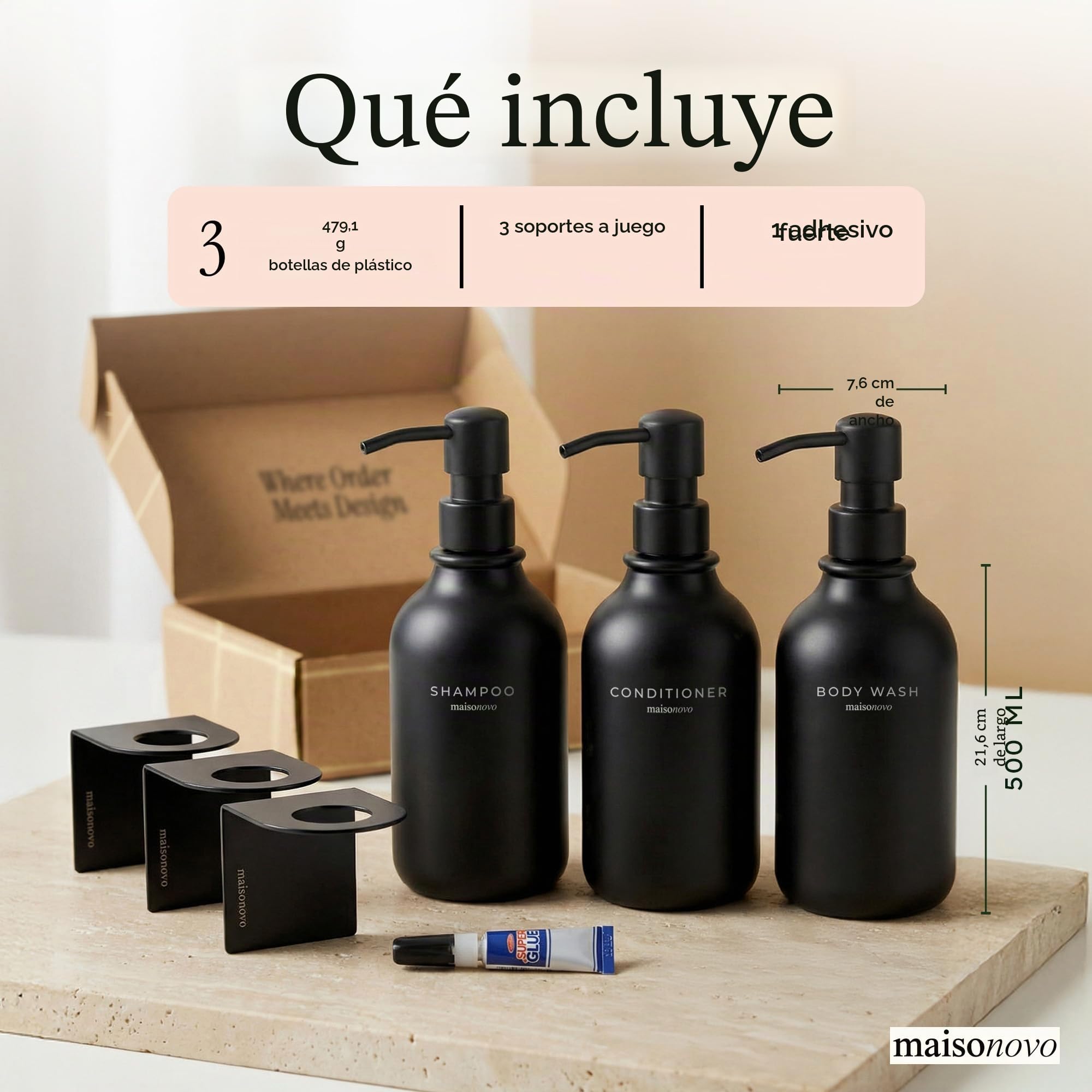 MaisoNovo Dispensador de champú y acondicionador - Dispensador de jabón para Ducha montado en la Pared, Juego de 3 Botellas de plástico Negras con Bombas de plástico Negras