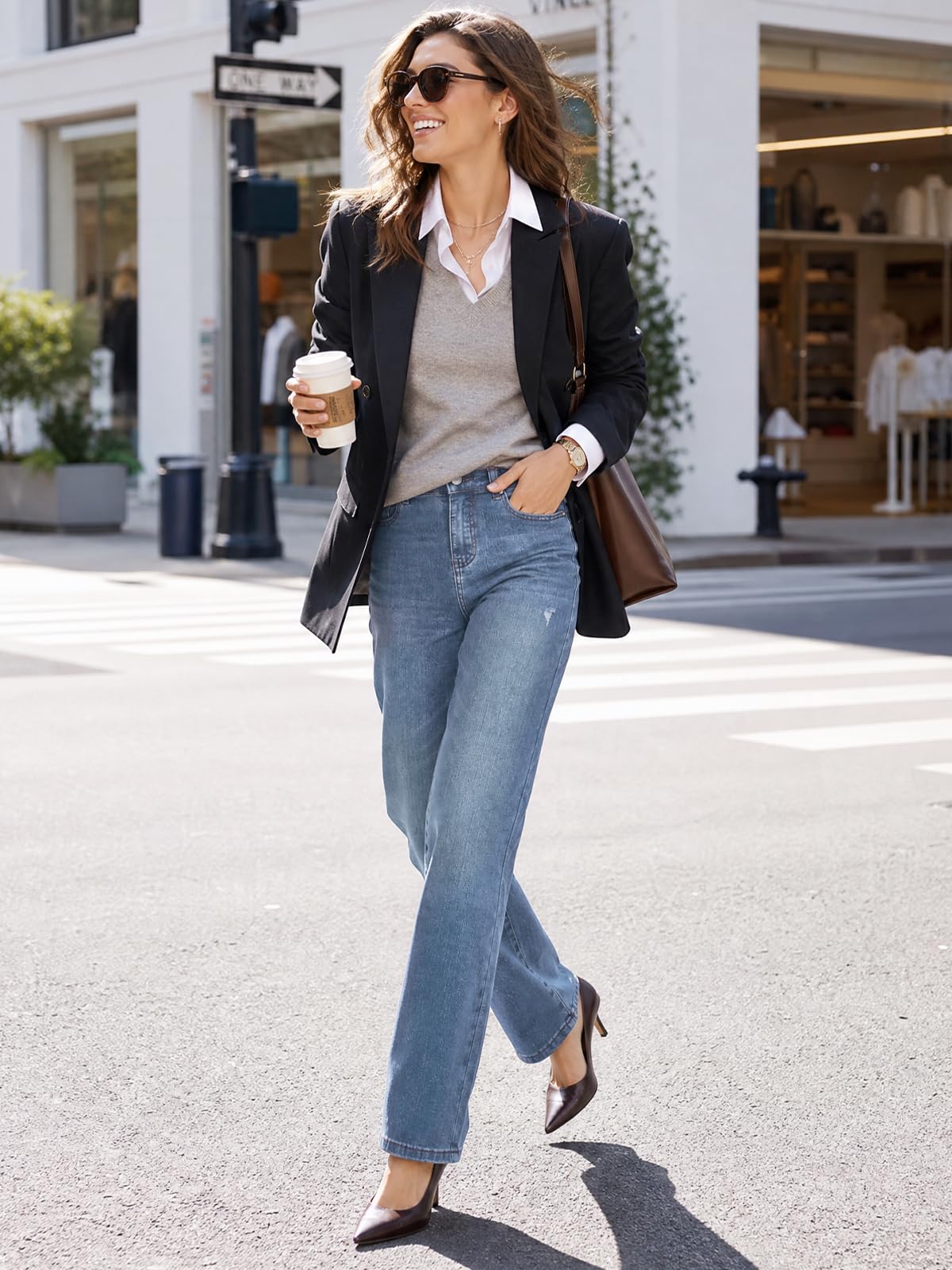 Jeans Damen,High Waist Stretch Straight Cut Jeans,Wide Leg Boyfriend Female Jeanshose,Gerade Geschnitten Denim Hose