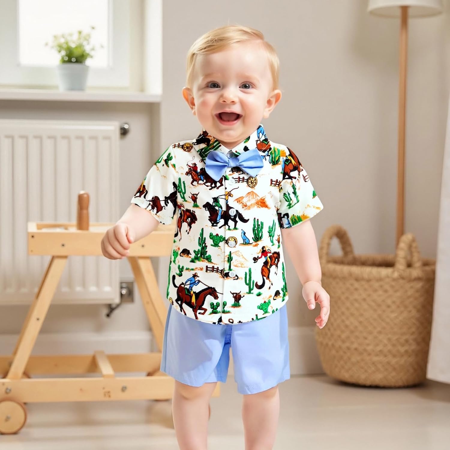 Toddler Boy Western Summer Clothes Riding Horse Button Down Short Sleeve Shirt and Shorts Set Country Baby Clothes - Image 2