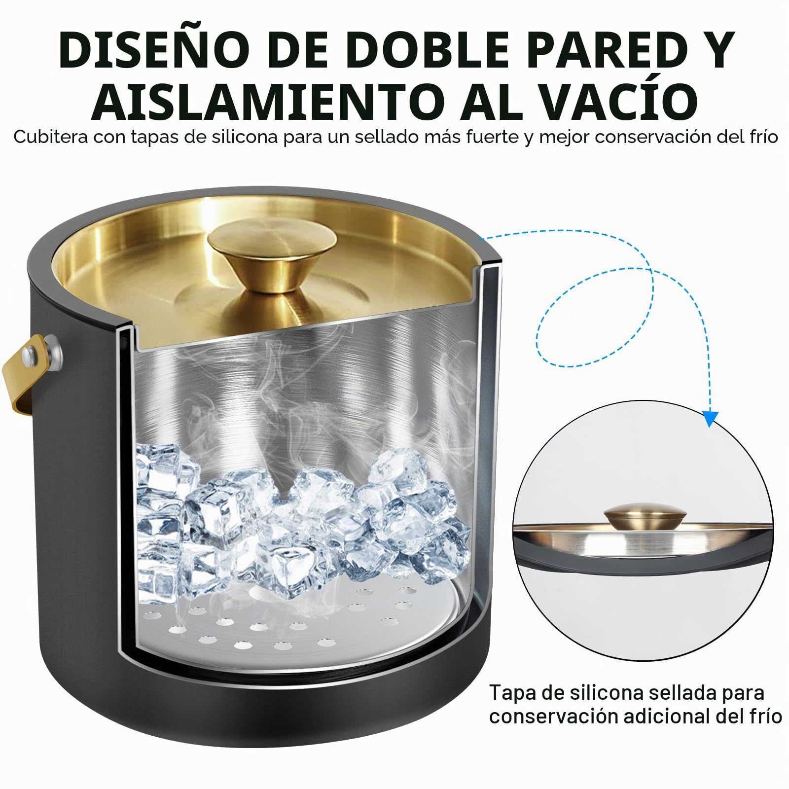 3.2L Cubitera Moderna Aislada con Tapa de Silicona, Pinzas, Colador, Cubitera de Acero Inoxidable de Doble Pared para Fiestas y Cocktail Bar, Ideal para Regalar