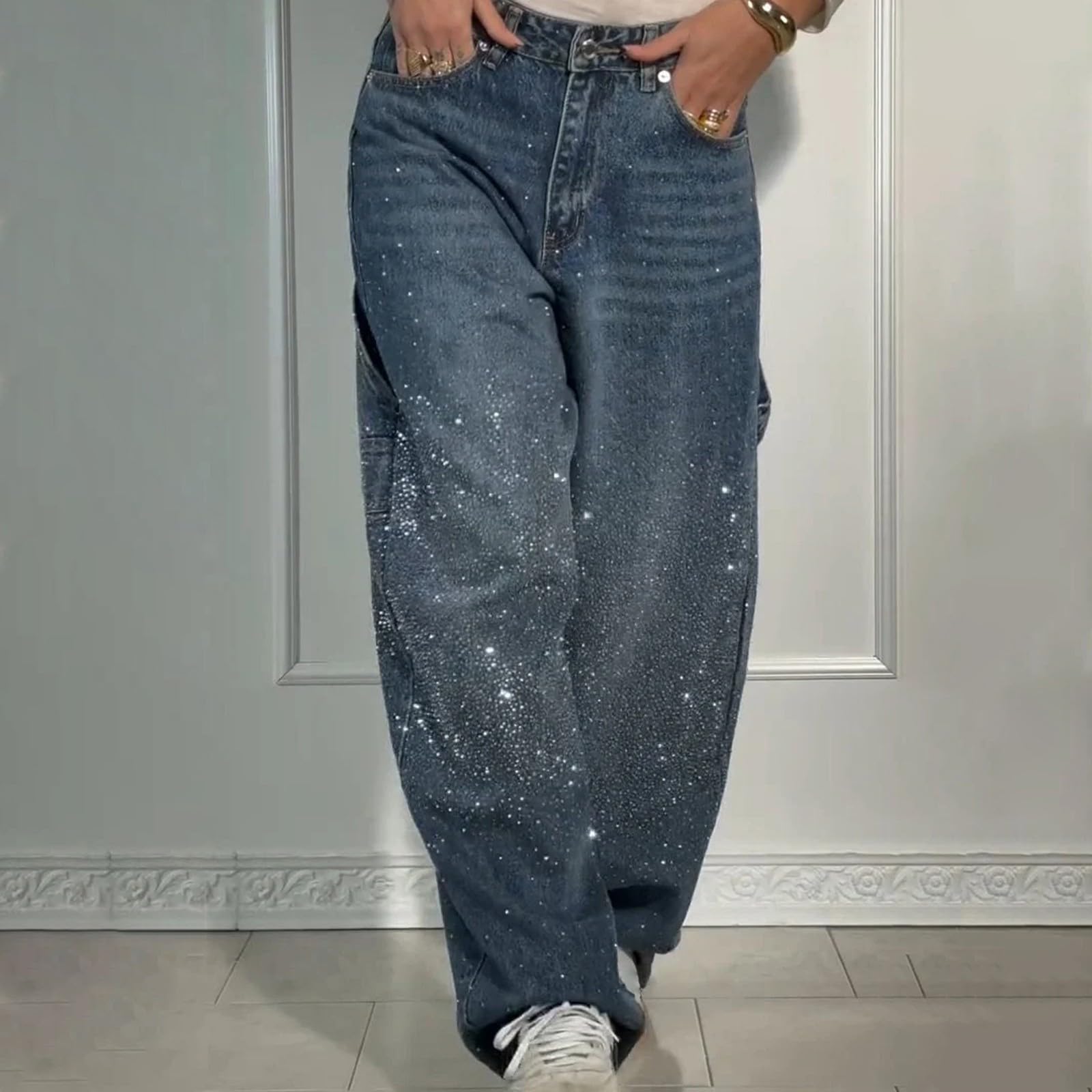 Jeans Donna Leggeri Jeans Vita Alta Larghi Casual Pantaloni Denim Baggy Curvy Leggeri Wide Leg Pantaloni Elasticizzati Gamba Larga Taglie Forti Eleganti Streetwear Y2k Moda Push Up
