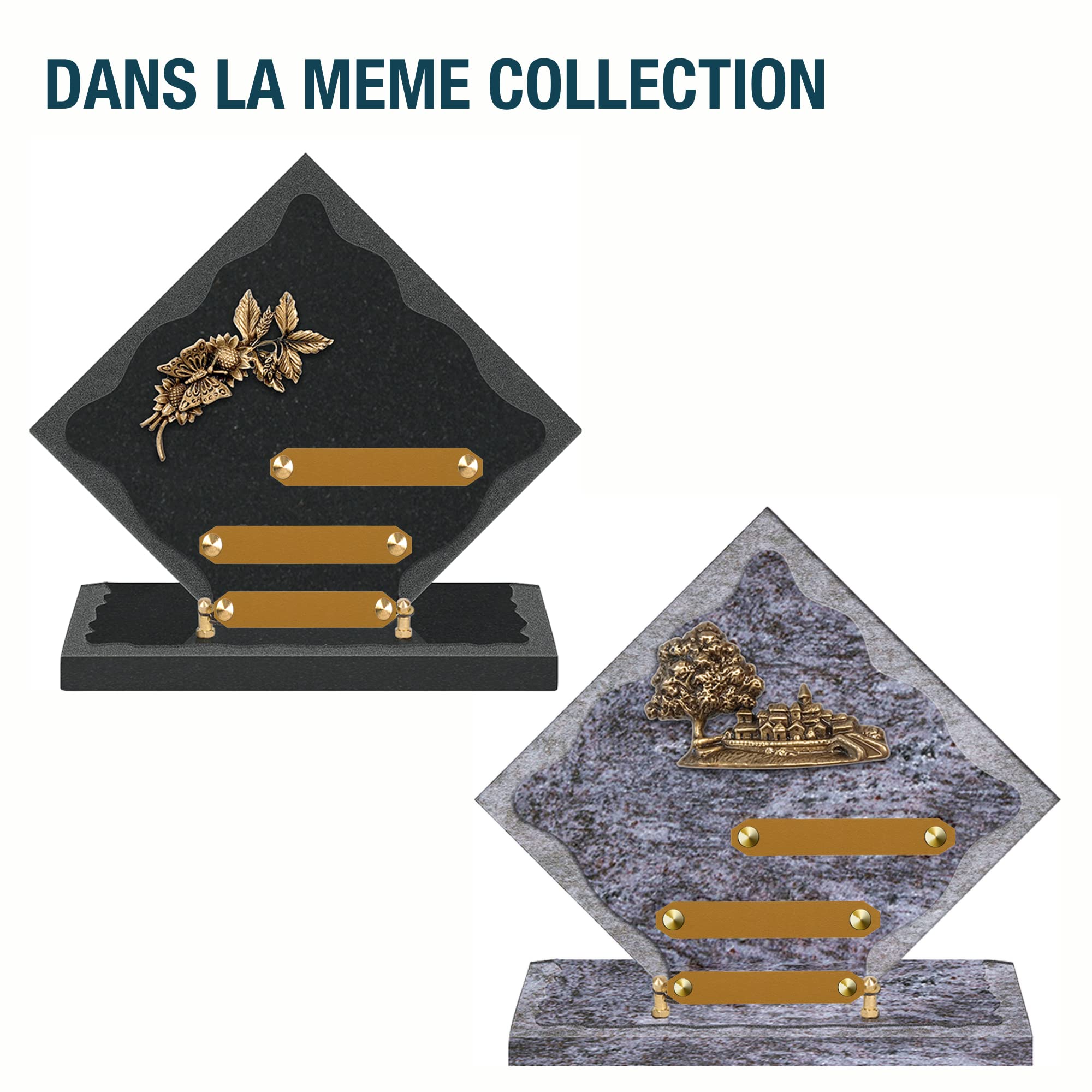 Plaque funéraire personnalisée losange - Granit - assemblée en France - bronze village - H 28 X L 28 cm - 3 textes