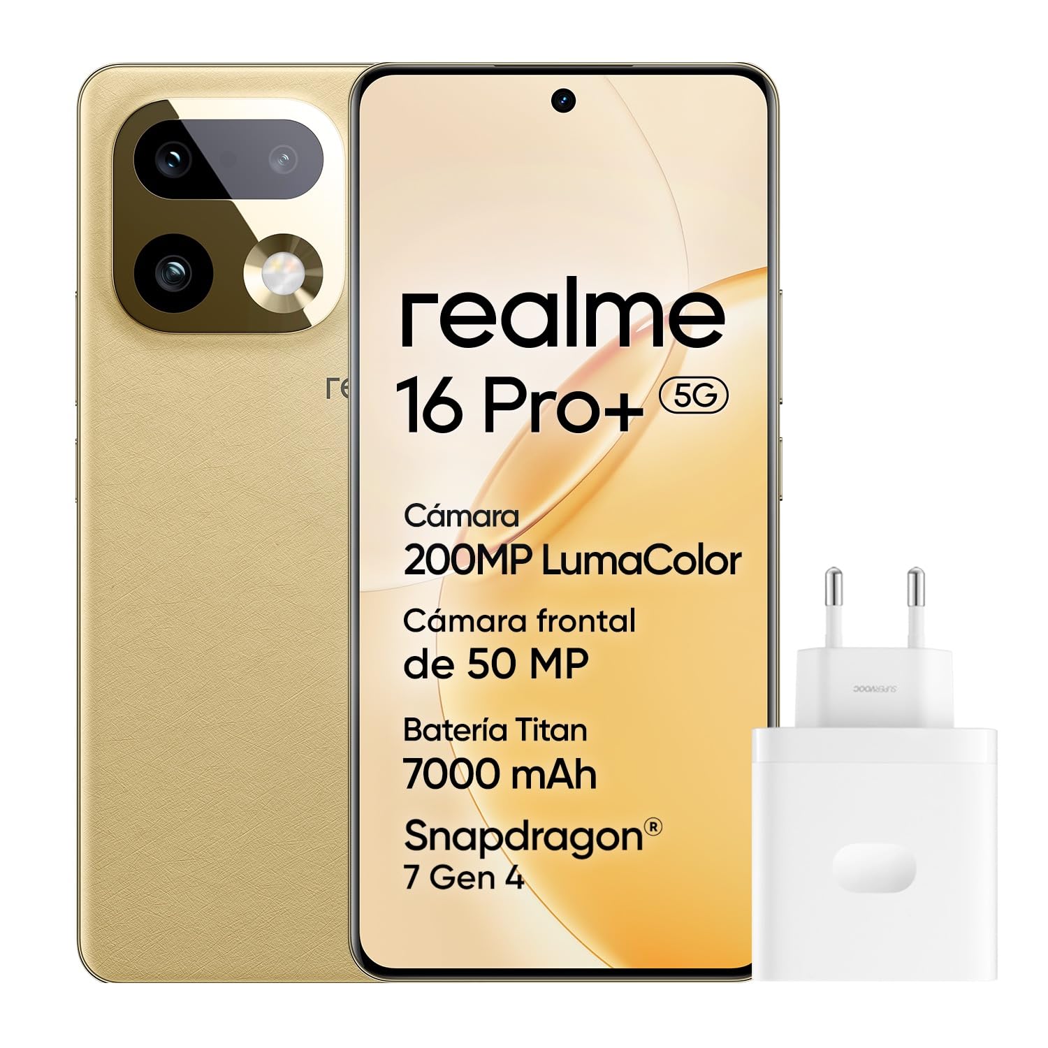 realme 16 Pro+ 5G Smartphone, 12+​512GB, Cámara 200MP OIS, Lente Retrato 50MP, Batería 7000mAh, Pantalla Curva 6,​8" 144Hz, Carga 80W, Funciones IA, Dual SIM, Oro(con Adaptador)
