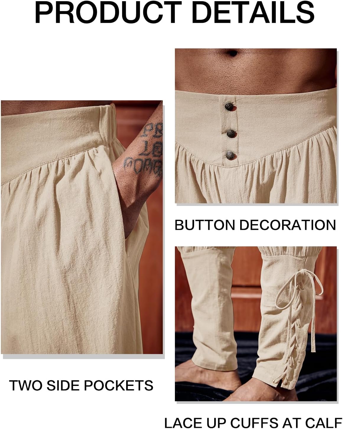 Runcati Mens Medieval Ankle Pants Renaissance Viking Pirate Lace Up Tapered Halloween Linen Costume Trousers - Image 5