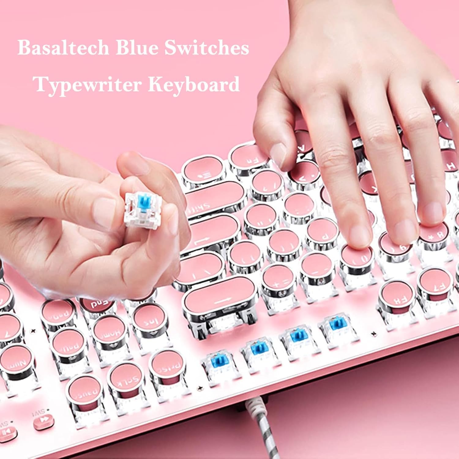 Basaltech Mechanical Gaming Keyboard and Mouse Combo, Retro Steampunk Vintage Typewriter-Style Keyboard with LED Backlit, 104-Key Anti-Ghosting Blue Switch Wired USB Metal Panel Round Keycaps, Pink