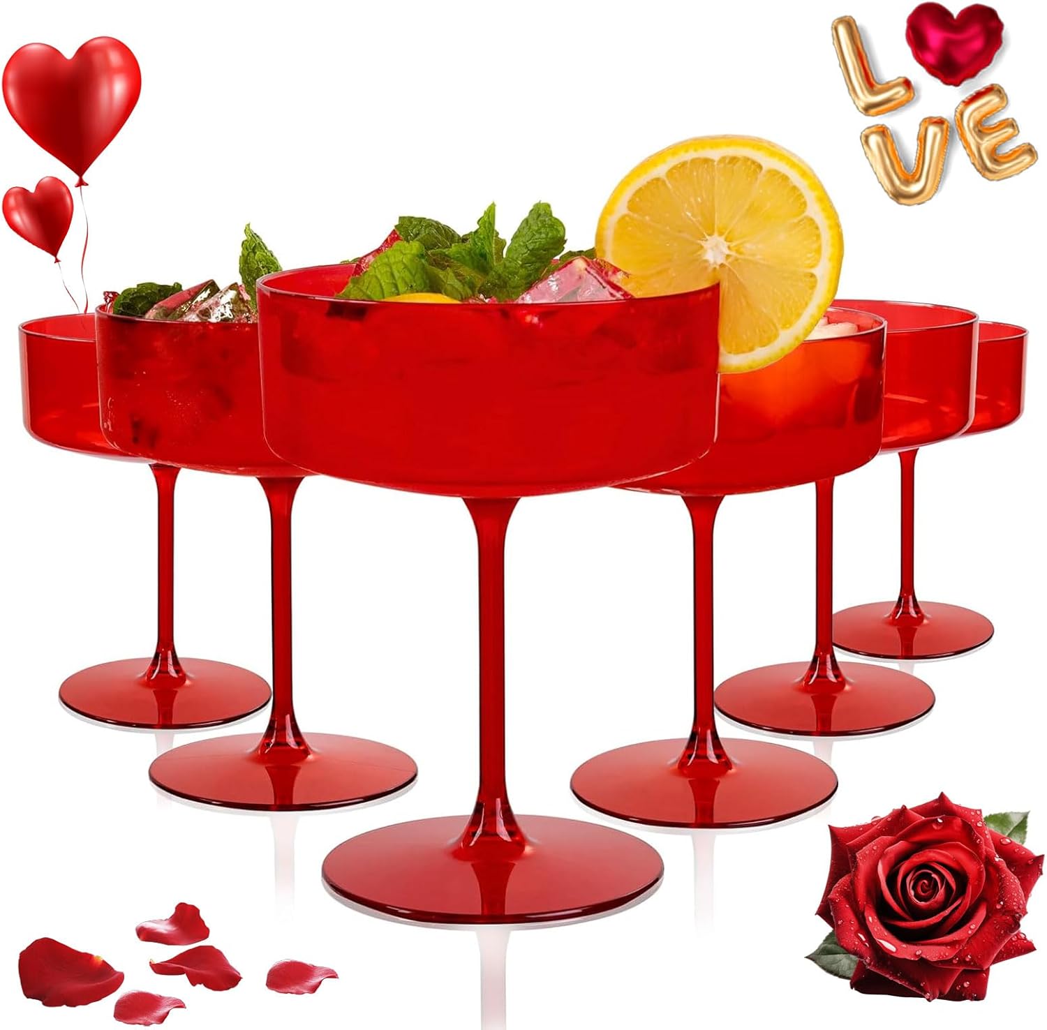 Ciaell 12PCS Plastic Martini Glasses - 10 Oz Red Disposable Coupe Glasses with Stem - Heavy Duty Margarita Cups for Bars, Cocktails, Whiskey, Parties & Wedding & Valentine's Day