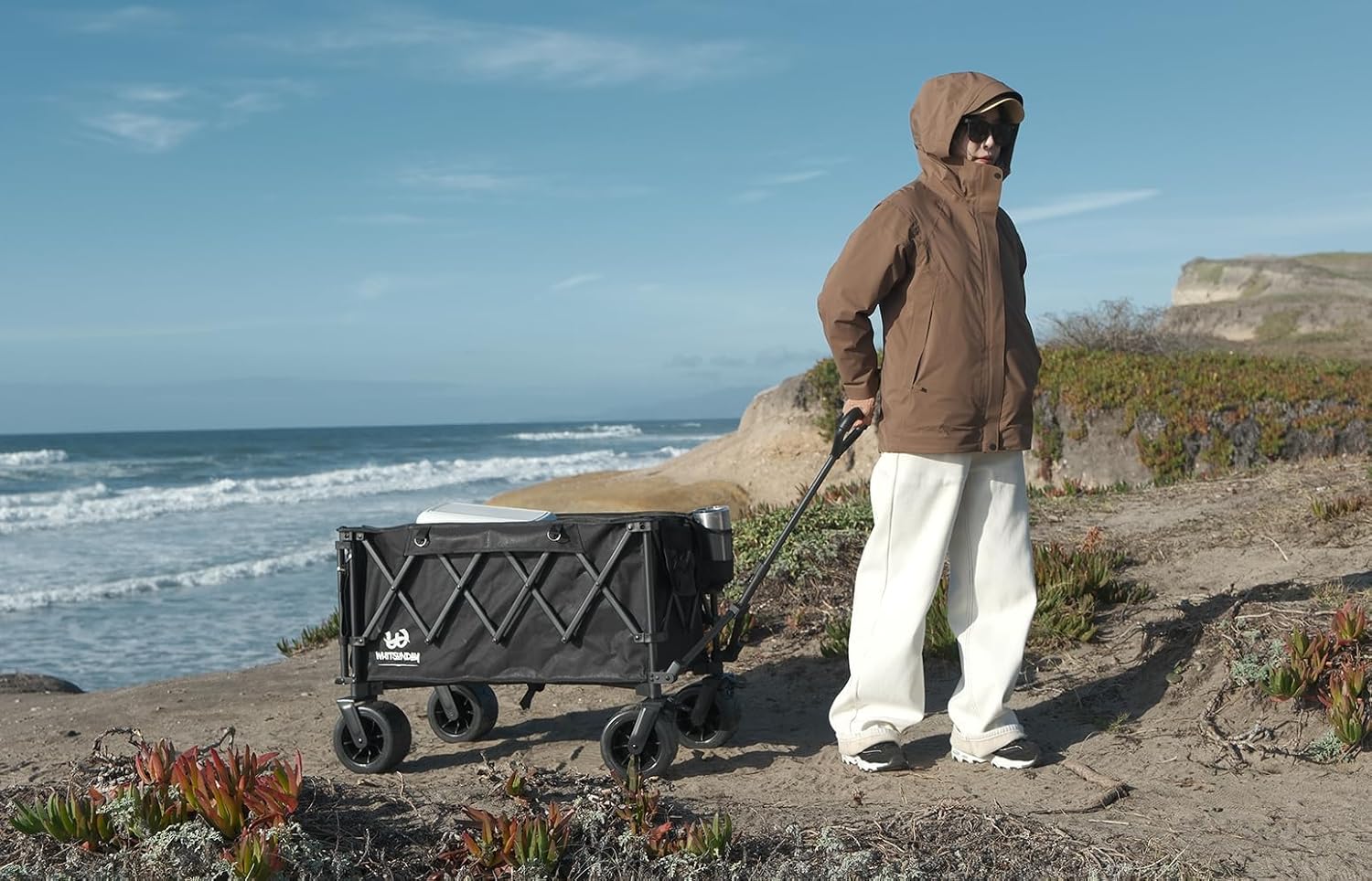 Whitsunday Collapsible Folding Wagon with Table,Heavy Duty Utility Beach Wagons with Opened Tailgate and All-Terrain Wheels for Camping,Garden,Sports Khaki