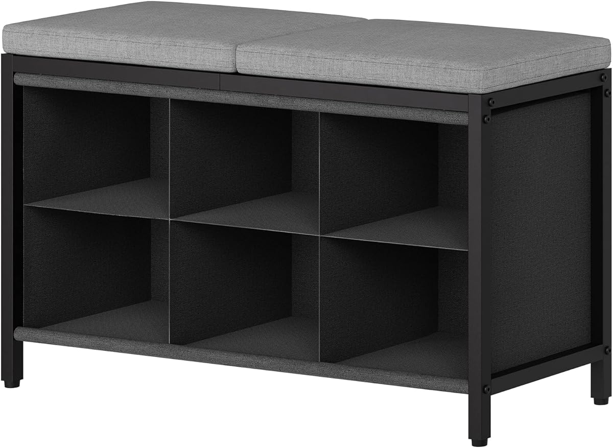 Schuhbank, Schuhregal mit Sitzfläche, Schuhschrank mit gepolstertem Kissen, Sitzbank mit Stauraum, mit 6 Fächern aus Oxford-Stoff, für Eingangsbereich, Flur, Schwarz und Grau XHX01BK