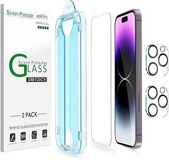 amFilm Auto-Alignment OneTouch for iPhone 14 Pro [6.1] Screen Protector + Camera Lens Protector, Tempered Glass, 30 Seconds Installation, Bubble Free, Case Friendly, Anti-Scratch 2 Pack
