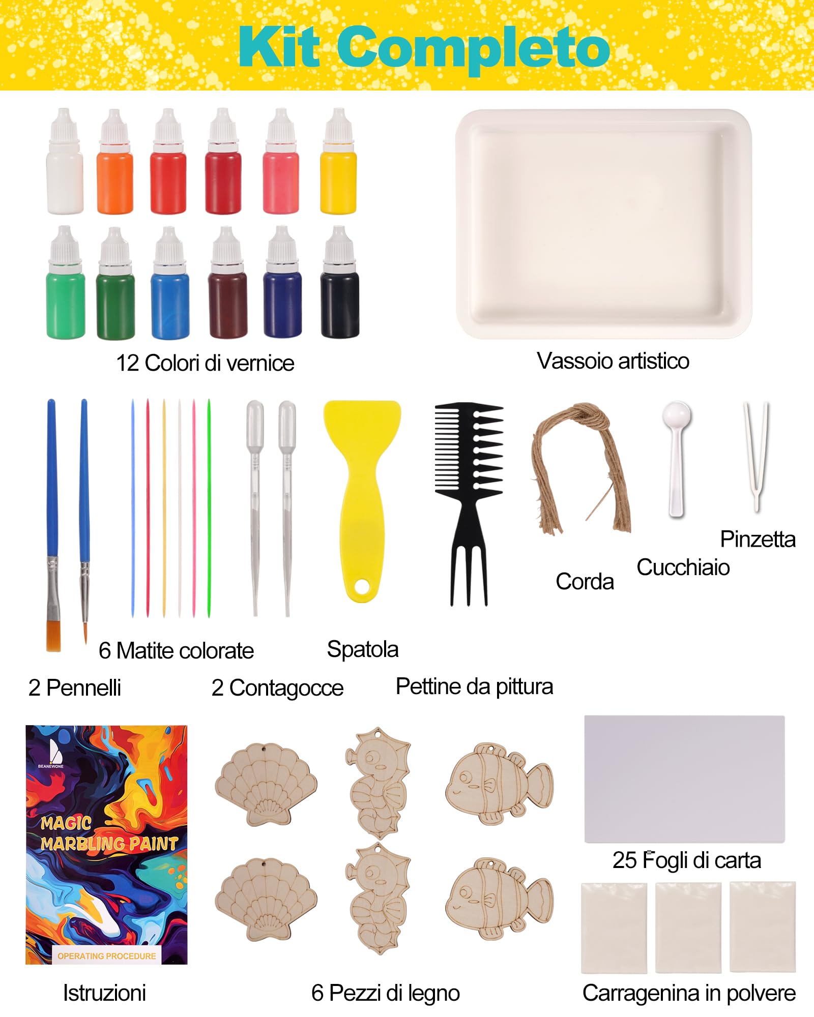 Beanewone Kit Pittura Marmorizzata Ad Acqua Per Bambini - Set Creativo Con 12 Colori, 6 Decorazioni In Legno E Accessori, Regalo 6-12 Anni (Tema Animali) - 6