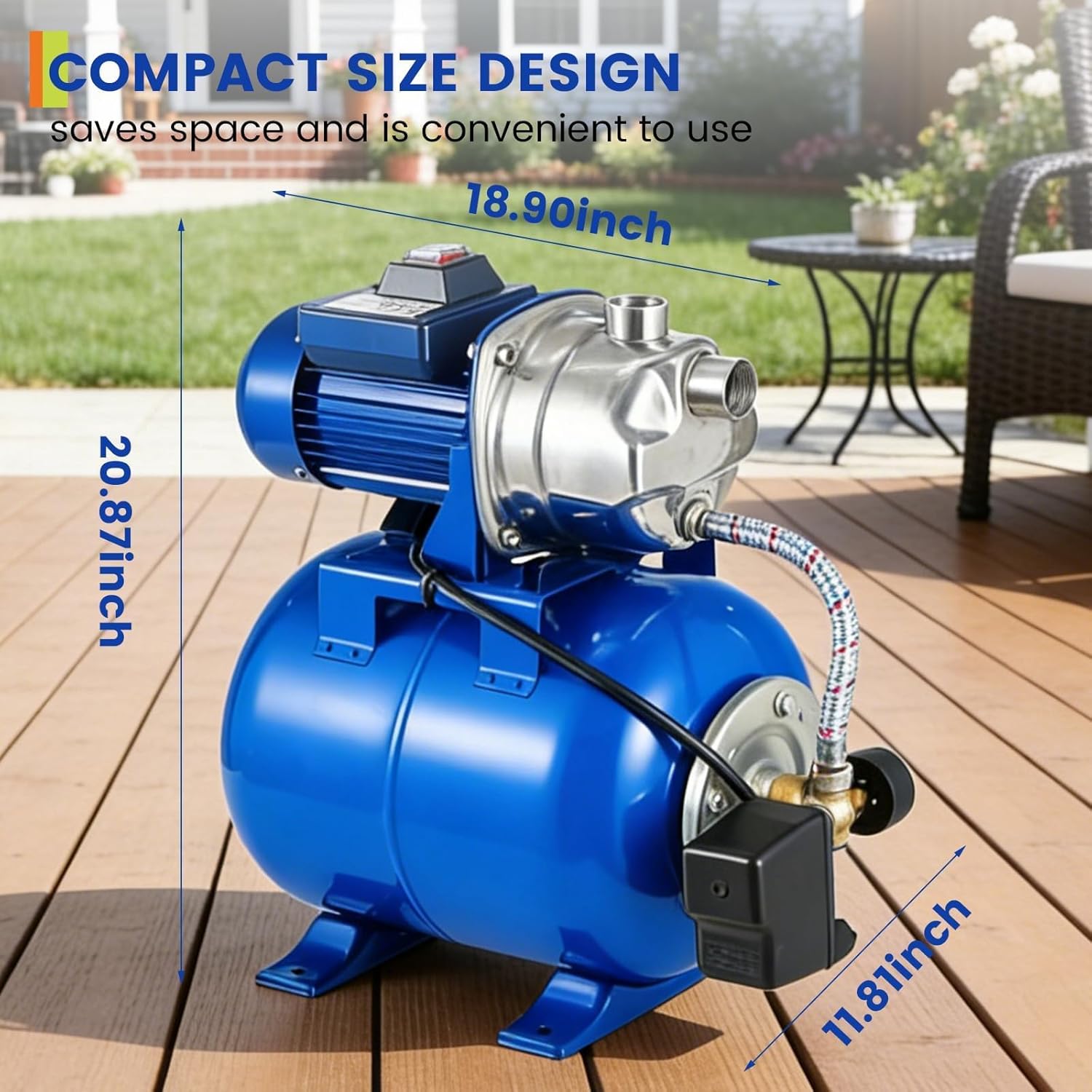 Garvee 1.6 HP Shallow Well Pump with Pressure Tank, 1320 GPH, Water Jet Irrigation Pump, Automatic Pressure Switch, Stainless Steel, for Home, Farm, Garden & Yard, Blue
