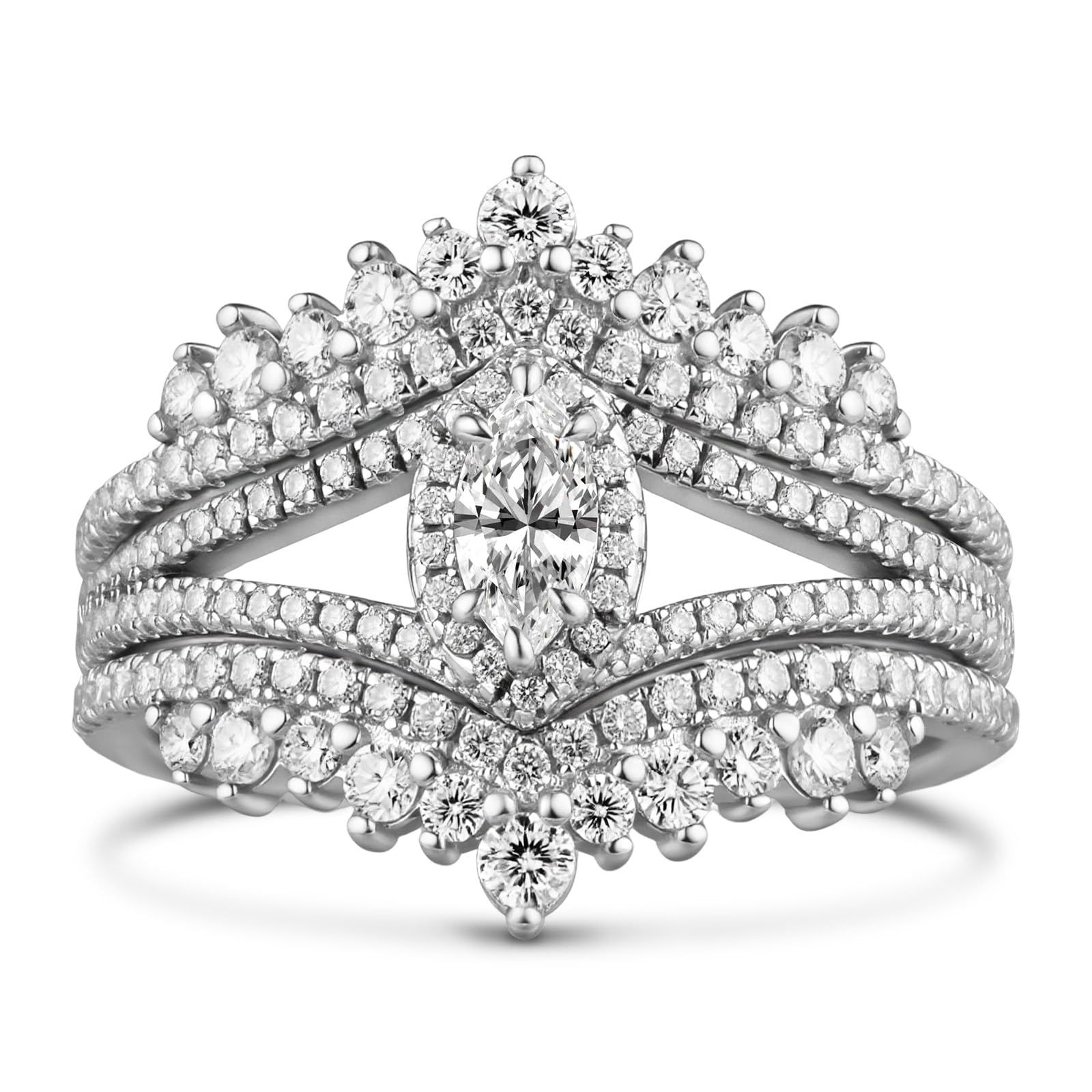 Damen Moissanit Ring Set Vintage Halo Marquise Vorsteckring 925er Sterling Silber Doppelring Rundschliff Stapelring Elegant Hochzeitsring Band Ring für Valentinstag Verlobung