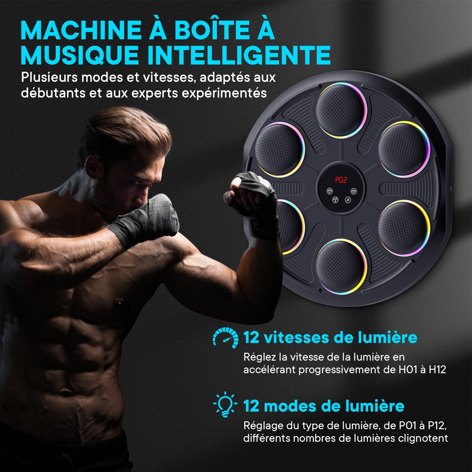 Machine de Boxe Musicale - Boîte Murale Musique, 12 Modes de Vitesse et LumièRe & Bluetooth, Gants MMA Inclus, Salle de Sport à Domicile pour Adulte et Enfant - Fitness, Loisir Familial