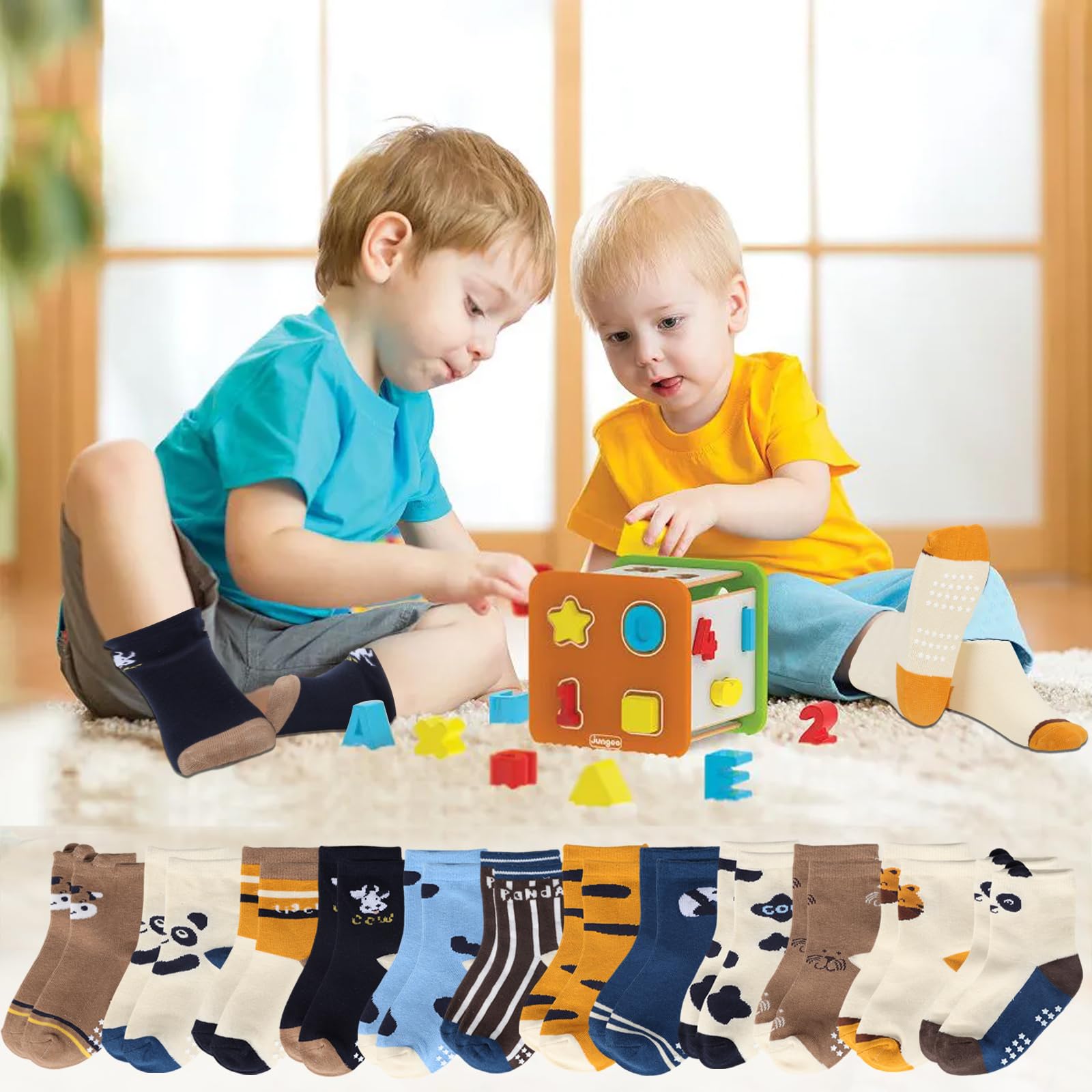 12 Pares de Calcetines Antideslizantes para Niños Niñas Recien Nacido Unisex Pequeños Algodón Lindo con Puños Calcetines Antideslizantes para Bebés — view 3