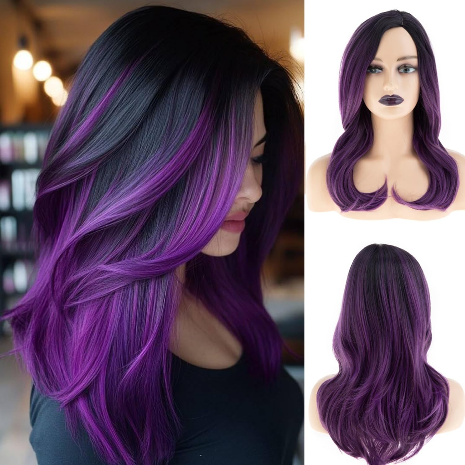 Long Ombre Black Purple Wig for Women Side Part Synthetic Heat Resistant Layered Wig for Daily Party Costume Halloween Blackpurple