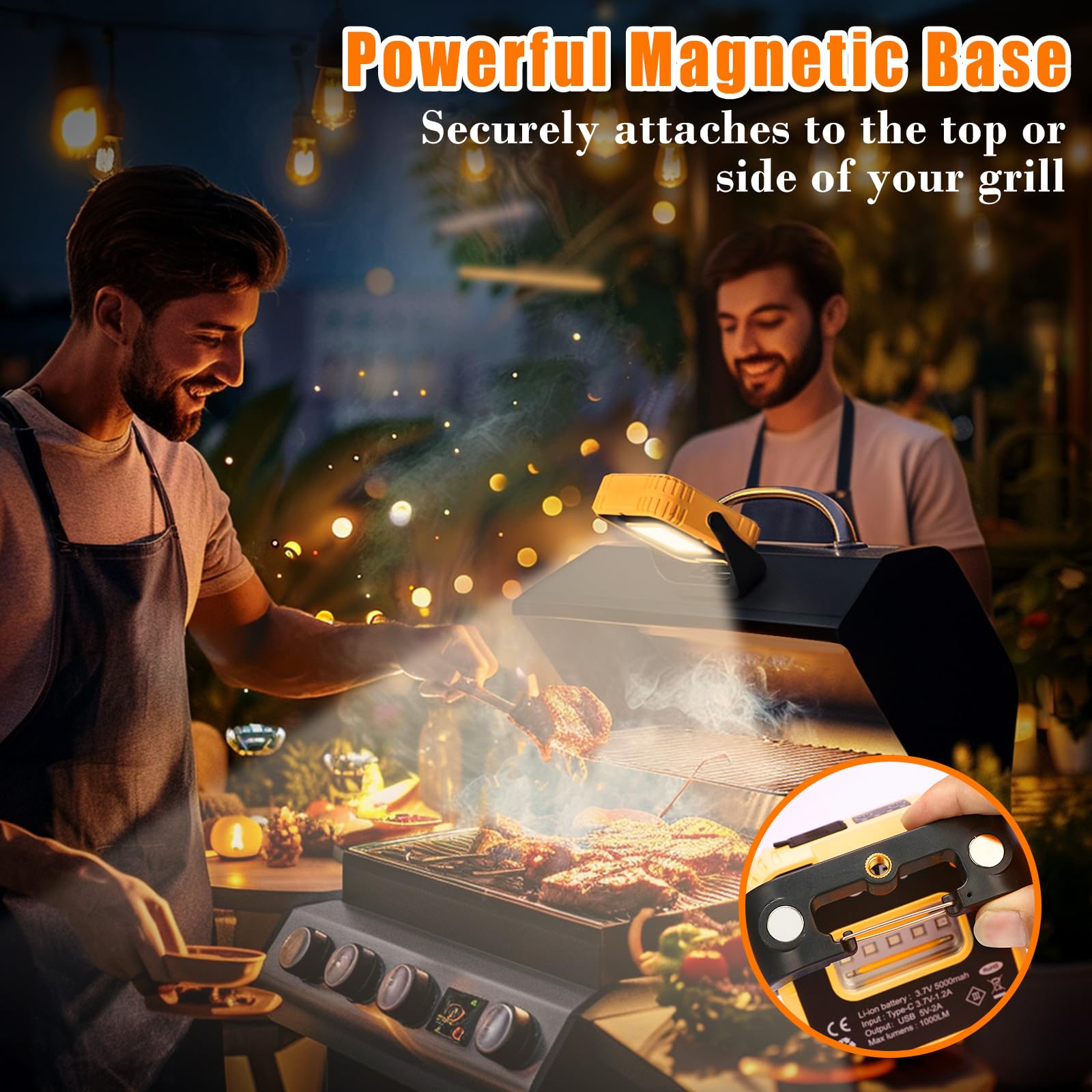 Paquete de 2 luces de barbacoa para parrilla al aire libre, luces de trabajo magnéticas y recargables de 1000 lúmenes con 360° ajustables, luces LED impermeables IPX4, regalos para hombres, papá y 4