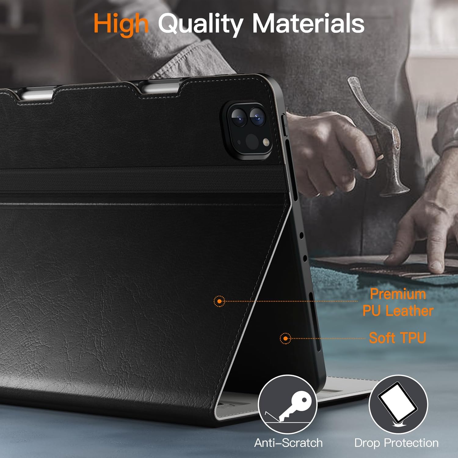 JETech Case for iPad Pro 11-Inch 4/3/2 (2022/2021/2020 Model), PU Leather Folio Protective Cover with Hand Strap, Pencil Holder & Pocket, Multi-Angle Viewing (Black) - Image 3