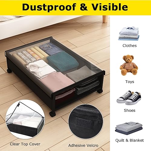 Miniatura 3 de NADAMOO Almacenamiento debajo de la cama con ruedas y cubierta transparente, contenedores de almacenamiento rodantes debajo de la cama, marco de