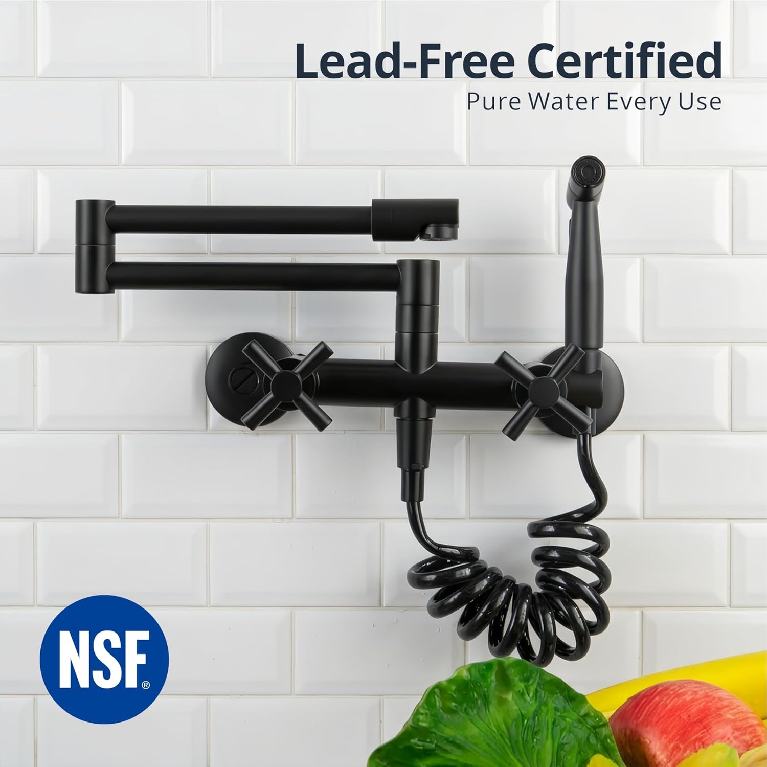Wall Mount Kitchen Faucets with Side Sprayer, 6 Inch Center Commercial Sink Faucet 2 Handles Modern Folding Pot Filler, Solid Brass, Matte Black