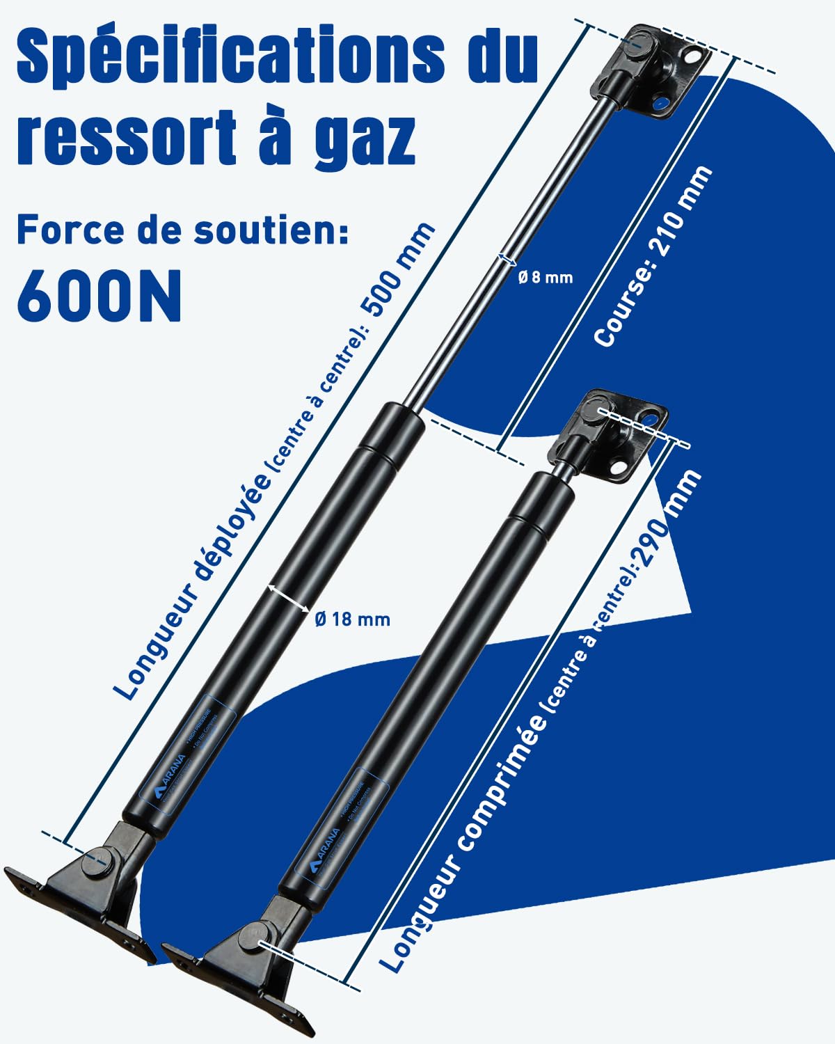 ARANA Verin a gaz améliorés 500mm 600N/60kg pour trappes lourdes, lot de 2 | Verin hydraulique pour food truck, placard cuisine, coffre jardin, poubelle et charge lourde(500mm, 600N)