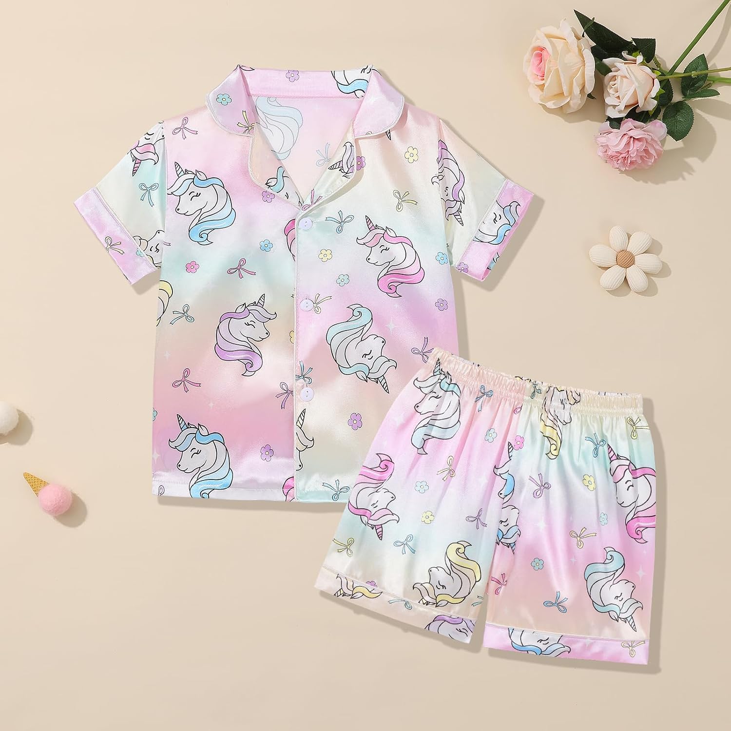 Weixinbuy Toddler Silk Pajamas Short Sleeve Button-Up Summer Pjs for Girls Boys Satin Pajama Sleepwear Set 2-7 Years image 5