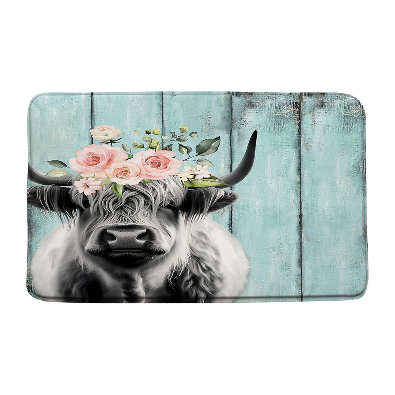 Sunhe Farmhouse Highland Cow Bath Mat Western Farm Animal Longhorn Bull Rustic Teal Barn Door 16