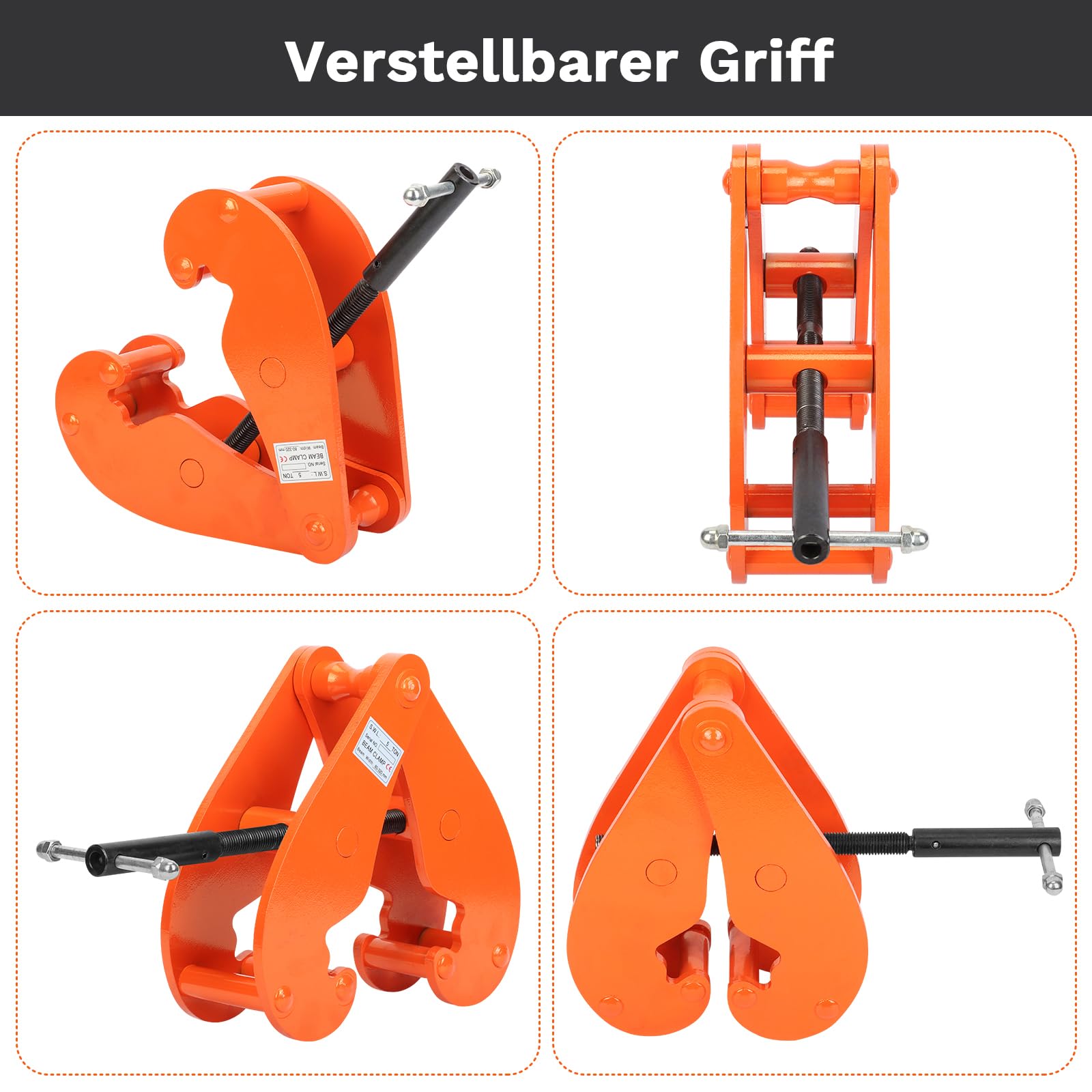 Abrazadera de soporte de 5000 kg/5 T, abrazadera de montaje de acero, capacidad de carga de 5000 kg, rango de agarre 80-320 mm para soporte de acero I, capacidad de carga de trabajo, abrazadera