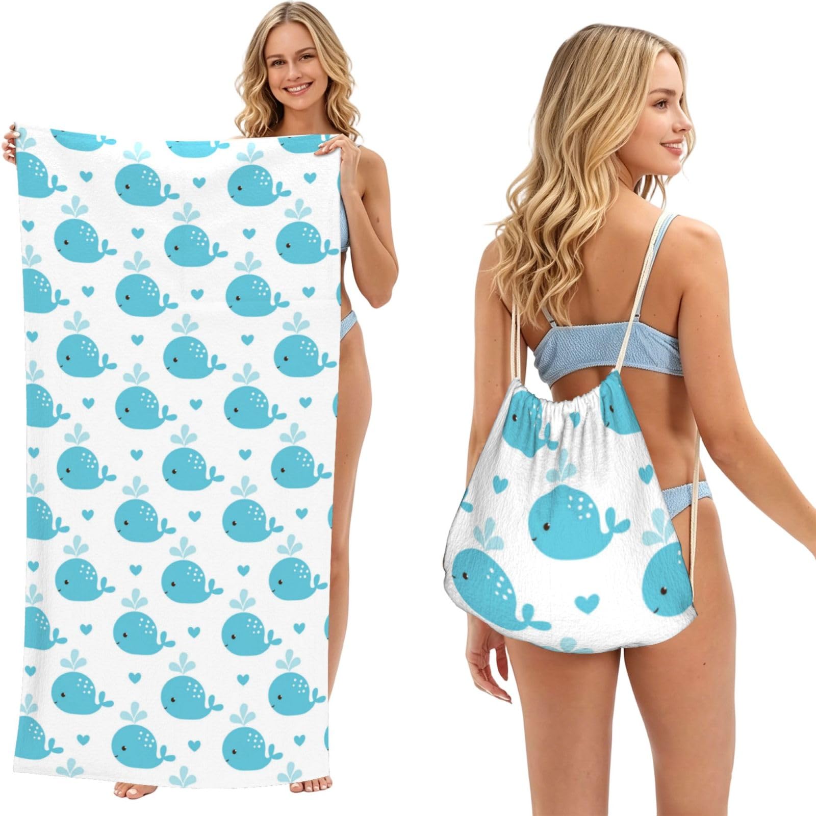 Poadnly As Picture Cute Blue Whales, 2 In 1 Packable Towel Bag, Beach Towels With Drawstring Backpack For Travel Holiday Camping