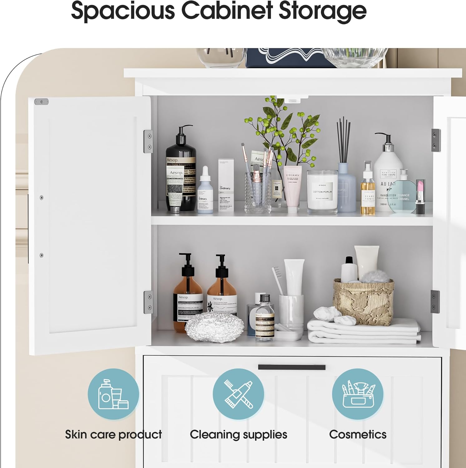 Onelike Small Bathroom Storage Cabinet, Freestanding Bathroom Floor Cabinet with 2 Doors and 2 Drawers, for Living Room, Kitchen, Hallway, Home Office, White