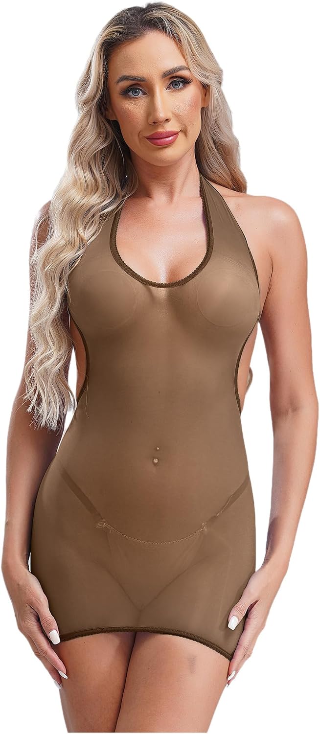 Womens Sexy Mesh Sheer Lingerie Chemises Sleepwear Halter Neck Mini Dress with Thong