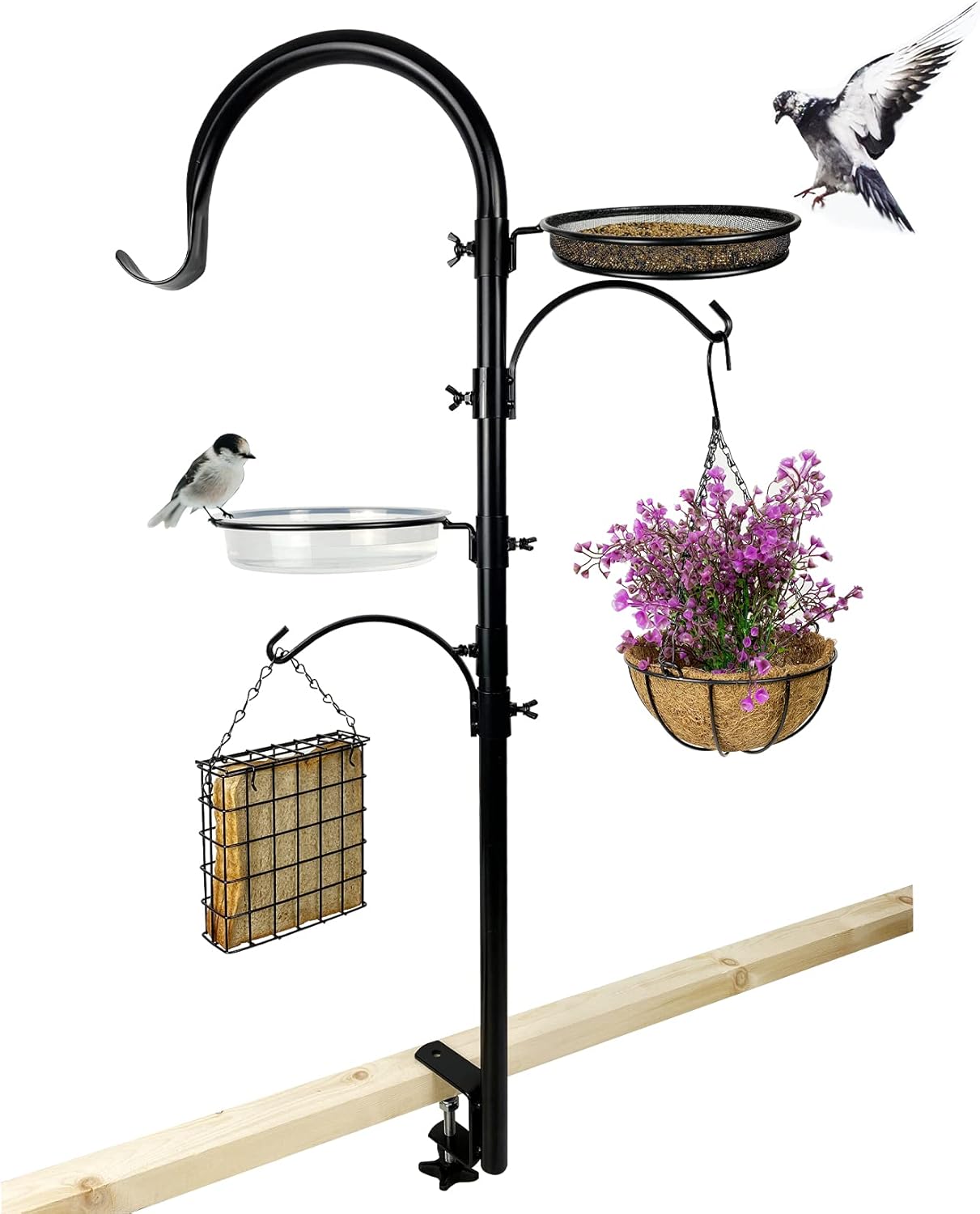 CQAIRIOU Upgraded Bird Feeding Station Kit,Deck Railing Bird Feeder Pole with 3 Hooks,Bird Bath,Mesh Tray and Suet Cage,Multi-Design Style,Used for Balcony Bird Feeder&Plant Hanger : Patio, Lawn & Garden