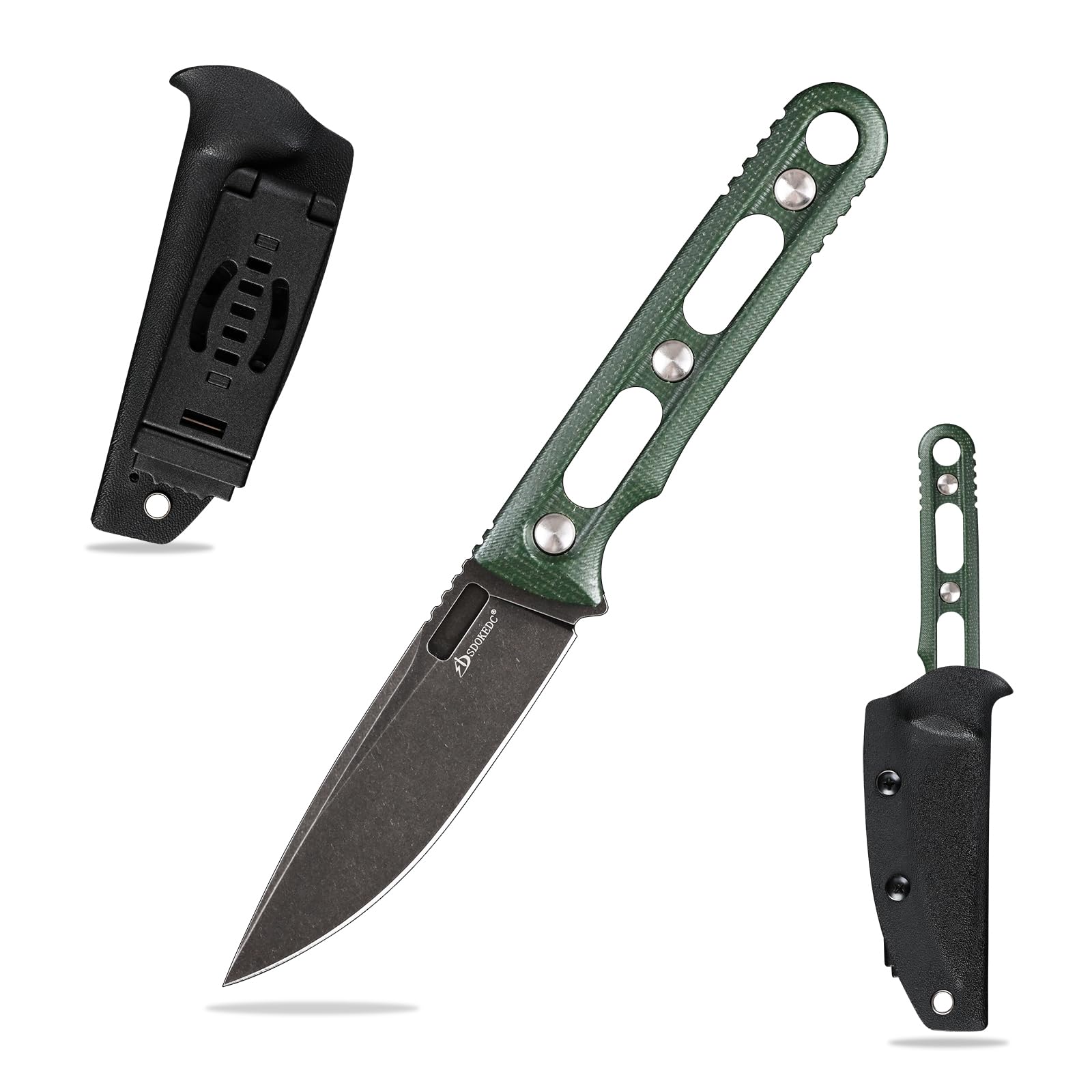 SDOKEDC Knives DC53 Steel 3.66“Tactical Fixed Blade Knife Micarta Handle with kydex sheath for Men EDC Outdoor Camping Survival Hunting (Black stone wash+green handle)