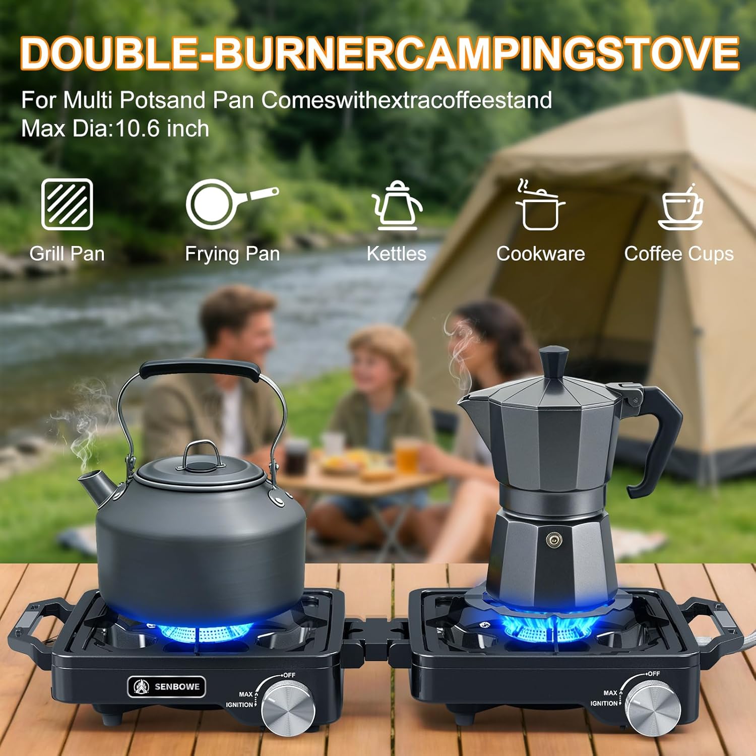 2-Burner Pro Camping Stove,24000 BTU Camp Stove,Foldable Propane Stove Includes Carry Bag,Windscreen Griddle, Portable Stove,Camping Essentials,Suitable For Outdoor Cooking,Tailgating,Grilling (Black)