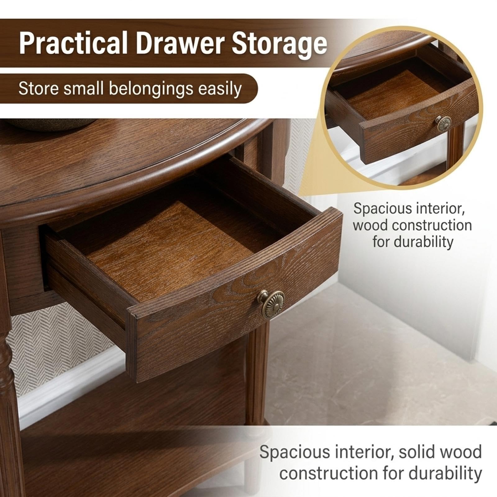 Console Demi-Lune en Bois avec tiroir – Console d’entrée étroite avec Rangement/Table d’appoint Demi-Lune Vintage pour canapé, adaptée au Salon, à l’entrée(Dark Walnut,90cm/35.4in)