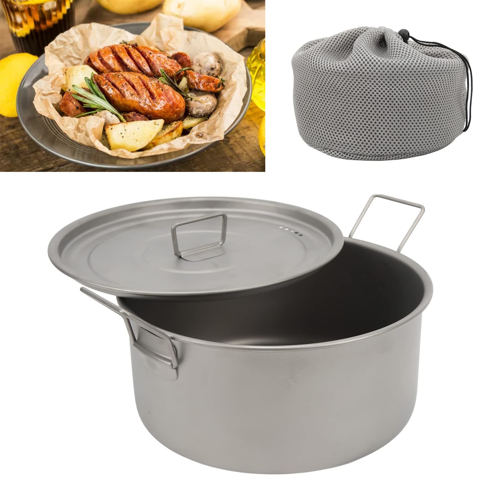 Runder Topf aus Titan, ultraleichter Klappgriff mit abgerundeten Kanten, Mehrzweck-Campingtopf zum Kochen von Eiern und Nudeln