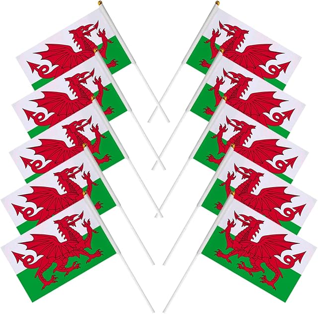 10pcs Wales Hand Waving Flags,8.5x5.3Hand Waving Flags with Sticks Hand Held Small Welsh Flags on Stick Vivid Colors Office Desk Little Table Flags Welsh Dragon Flags for World Cup Football 2022
