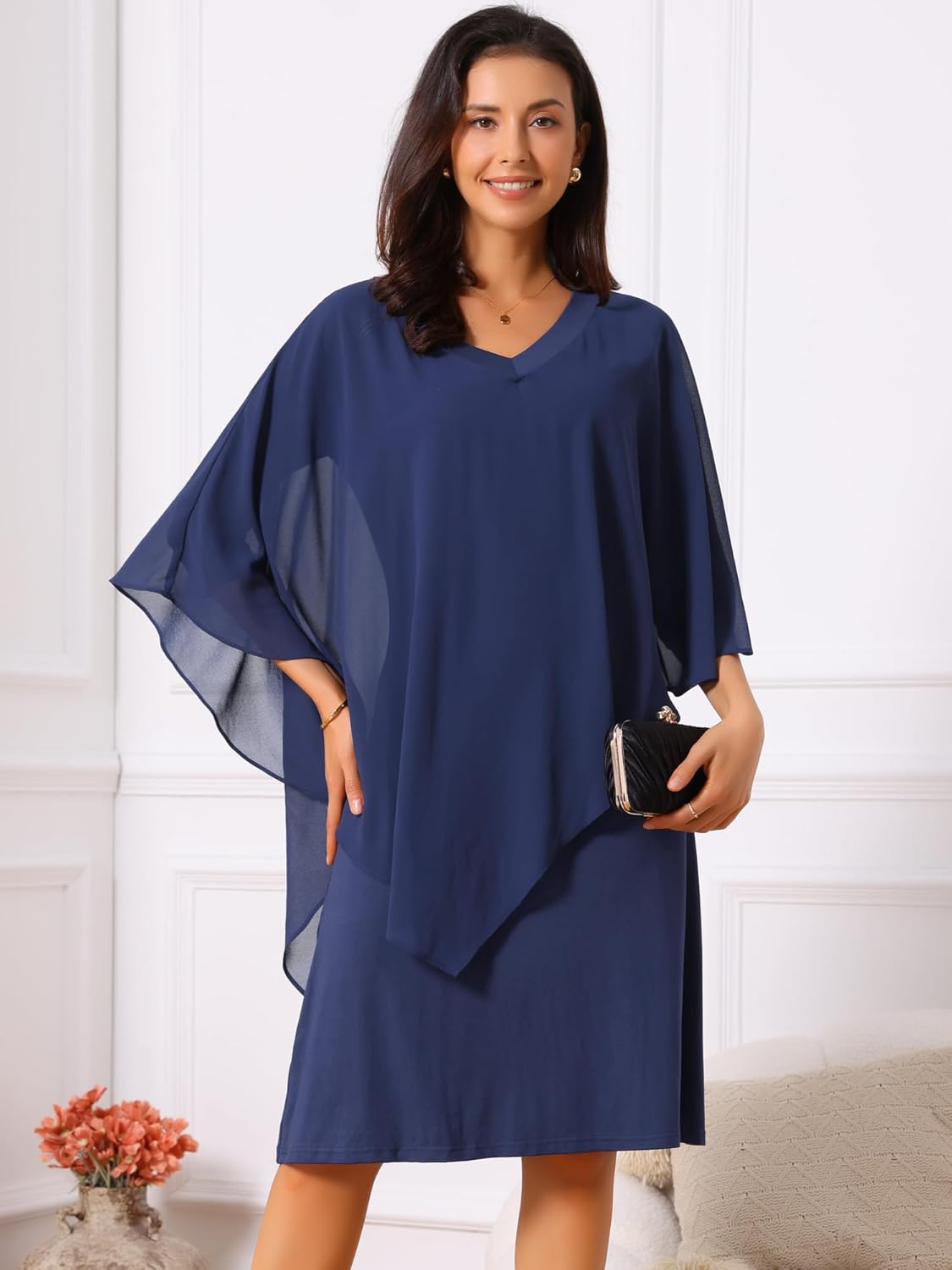 Seta T Women's Fall Dresses 3/4 Sleeve V Neck Chiffon Cape Overlay Knee Length Pencil Dress for Wedding Guest - Image 4