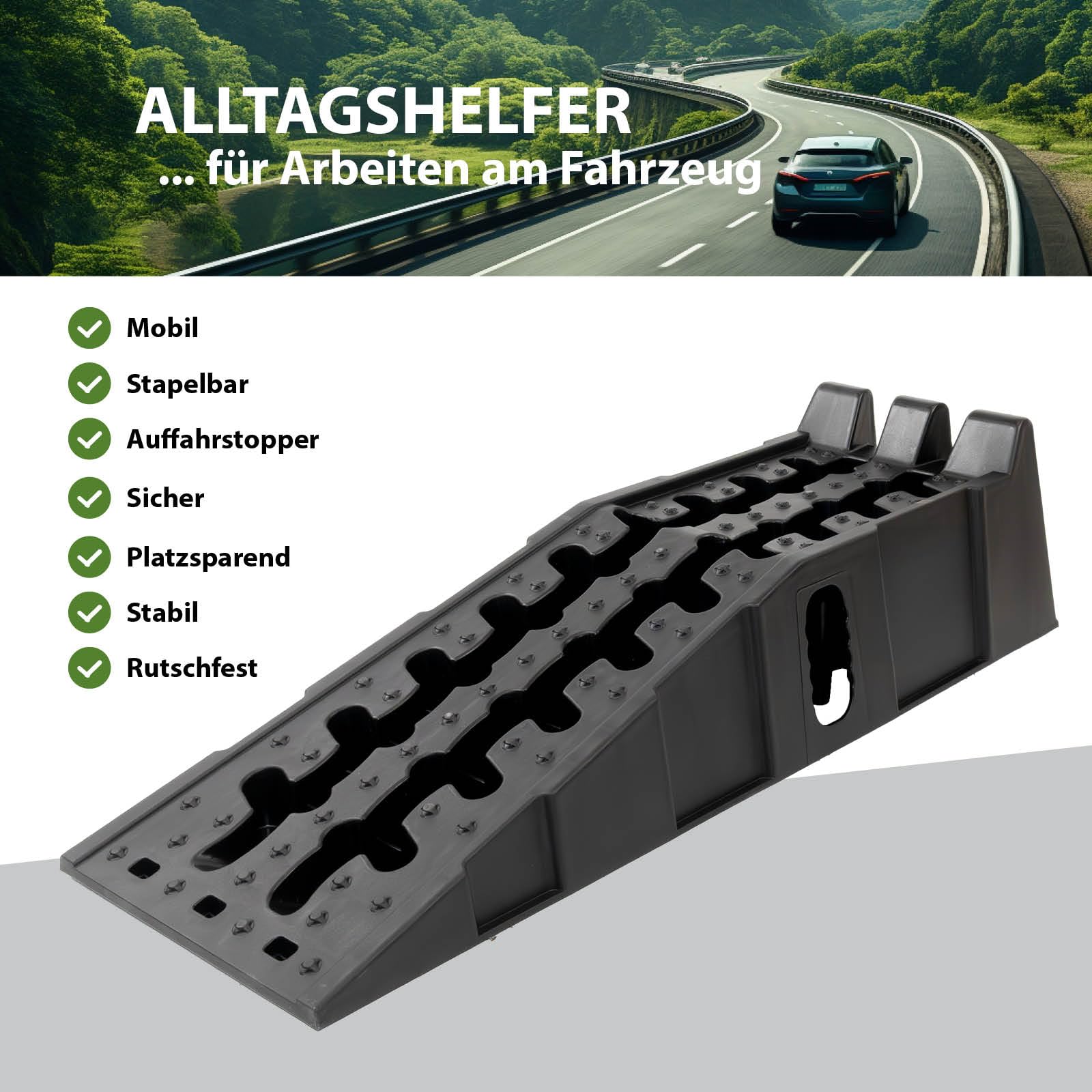 TRUTZHOLM 2 x Auffahrrampe Auffahrkeil mit Überfahrstopper 90 x 30 x 21,5 cm hochbelastbar 5t Traglast Kunststoff Stapelbar für Wohnmbil PKW SUV rutschfeste Rampe für jeden Untergrund schwarz
