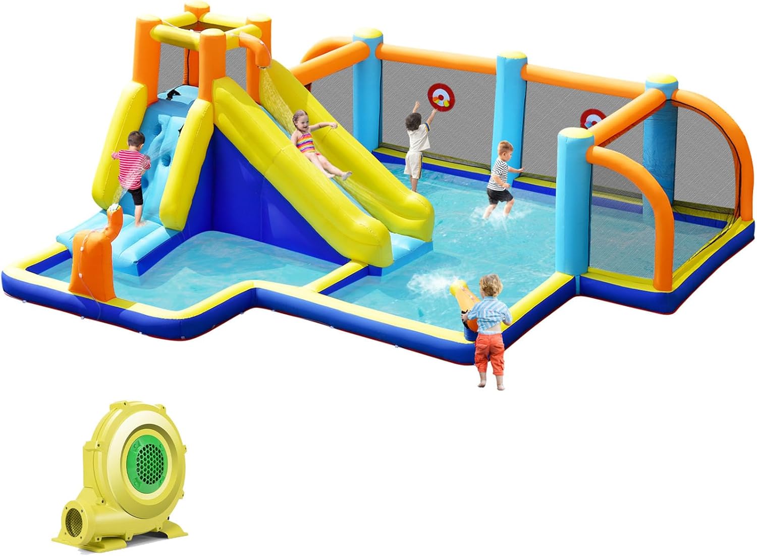 GLACER Inflatable Water Slide, 8-in-1 Blow Up Waterslide with Soccer Zone, Climbing Wall, 2 Water Cannons and Target Game, Water Bounce House with Carry Bag for Kids and Adults (with 735W Air Blower)
