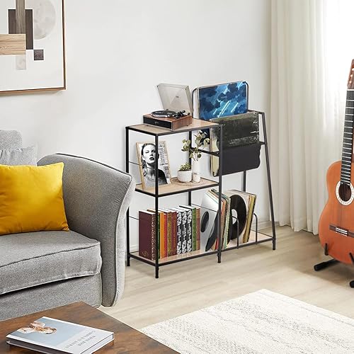 Miniatura 6 de Soporte para tocadiscos, soporte para tocadiscos con capacidad para hasta 200 álbumes con 3 estantes de almacenamiento, estante de exhibición de