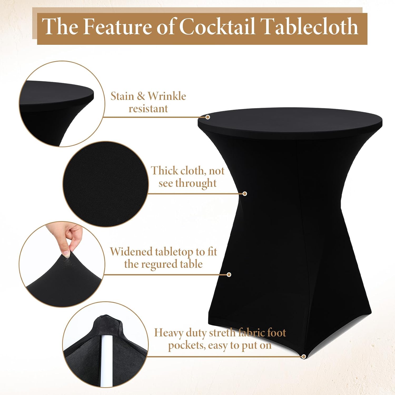SHENLIU 4 Pack Cocktail Table Covers, 32x43 Inch Black Spandex | Fitted Stretch Highboy Round Cover Table Cloth High Top Tables Cloths for Bar Wedding Birthday Party Banquet Round Tables